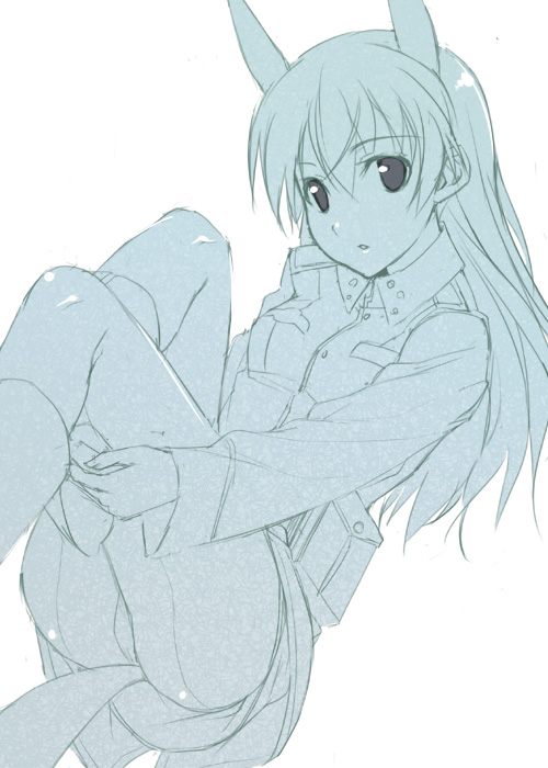mizuki makoto, eila ilmatar juutilainen, strike witches, world witches series, 00s, 1girl, blue theme, female focus, monochrome, pantyhose, simple background, solo, white background