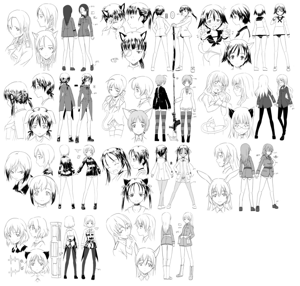 charlotte e. yeager, eila ilmatar juutilainen, erica hartmann, francesca lucchini, gertrud barkhorn, lynette bishop, minna-dietlinde wilcke, miyafuji yoshika, perrine h. clostermann, sakamoto mio, sanya v. litvyak, strike witches, world witches series, 00s, 501st joint fighter wing, 6+girls, greyscale, hirschgeweih antennas, monochrome, multiple girls, pantyhose, production art, reference sheet