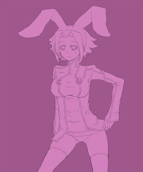 rokuichi, kouzuki kallen, code geass, 00s, 1girl, animal ears, female focus, monochrome, order of the black knights uniform, purple background, purple theme, rabbit ears, simple background, solo, thighhighs