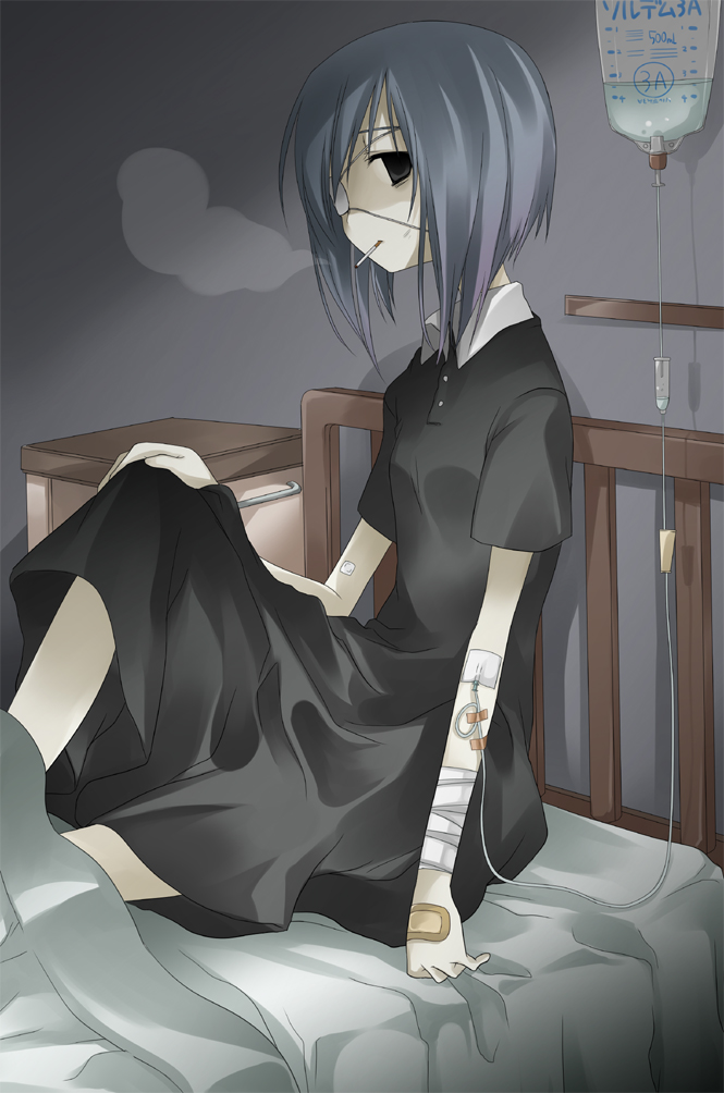 shiratama, shiratama yomogi, original, 1girl, bandages, bed, cigarette, eyepatch, female focus, intravenous drip, smoking, solo