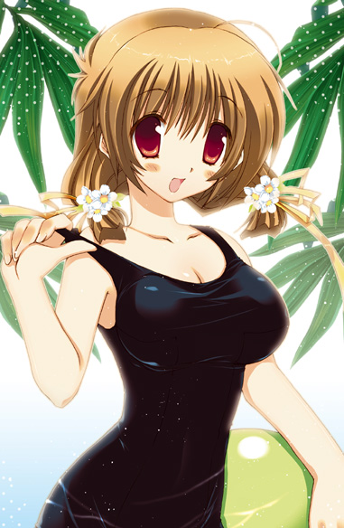 takanae kyourin, original, black one-piece swimsuit, blonde hair, breasts, cleavage, flower, large breasts, one-piece swimsuit, red eyes, school swimsuit, solo, swimsuit