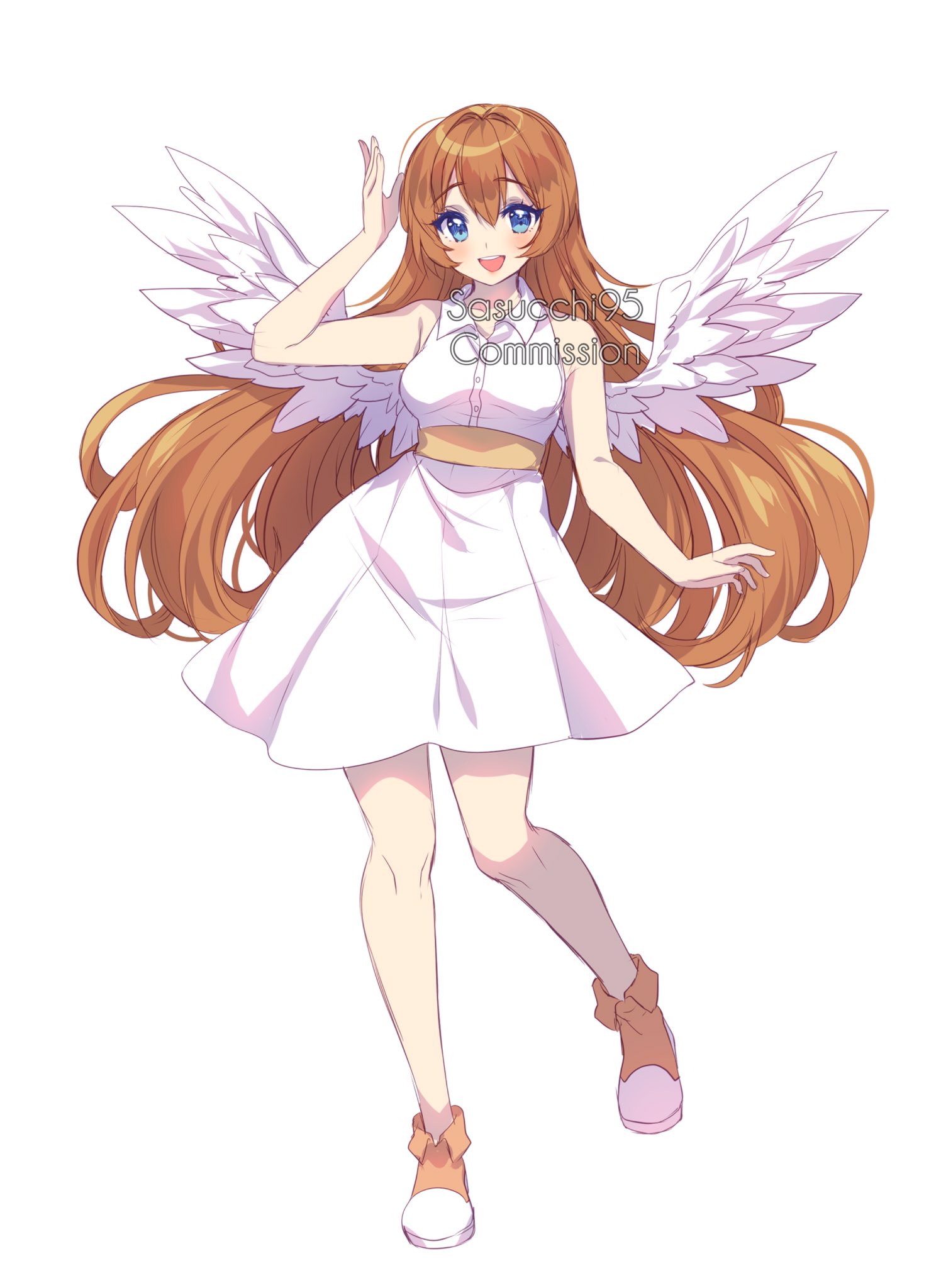 sasucchi95, original, commentary, commission, english commentary, highres, 1girl, :d, arm at side, arm up, artist name, bare arms, bare legs, bare shoulders, blue eyes, blush, breasts, brown hair, collared shirt, double-parted bangs, dress, feathered wings, full body, hair between eyes, knees together feet apart, long hair, looking at viewer, medium breasts, open mouth, orange shoes, shirt, shoes, short dress, simple background, sleeveless, sleeveless dress, smile, solo, standing, standing on one leg, teeth, upper teeth only, very long hair, watermark, white background, white dress, white wings, wings