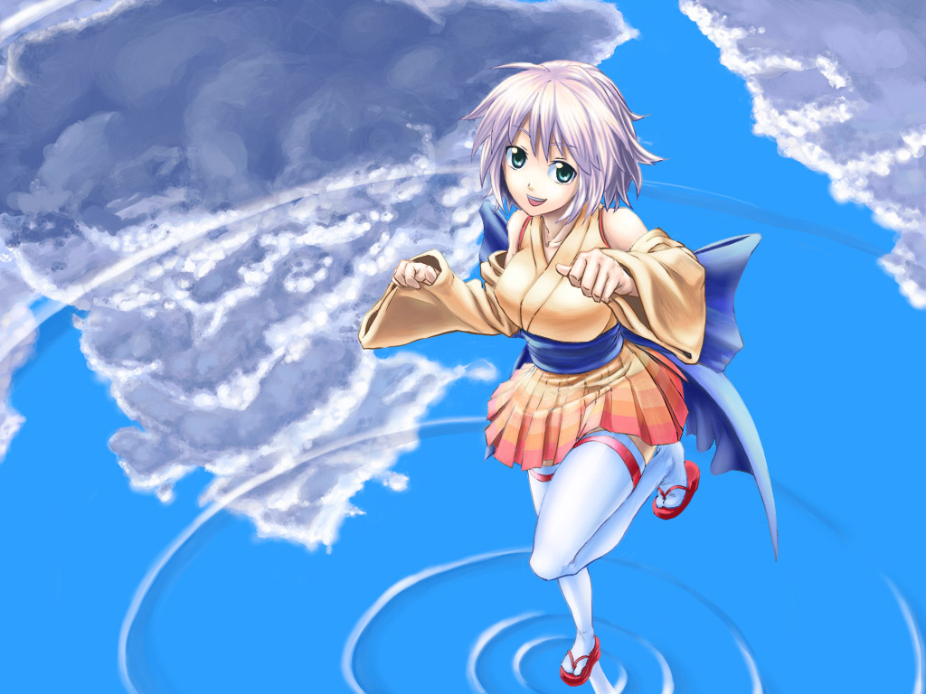 cuboon, original, 1girl, female focus, japanese clothes, kimono, kimono skirt, legs, okobo, platform sandals, sandals, solo, tabi, thighhighs