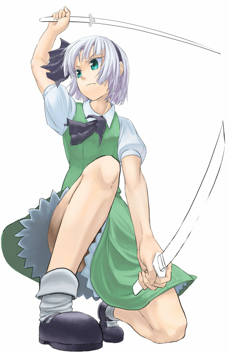 cuboon, konpaku youmu, touhou, 1girl, dress, dual wielding, female focus, fighting stance, from below, full body, holding, katana, simple background, skirt, solo, sword, tanto, weapon, white background