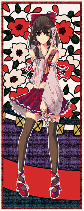 unasaka ryou, hakurei reimu, touhou, 1girl, female focus, hanafuda, socks, solo, thighhighs