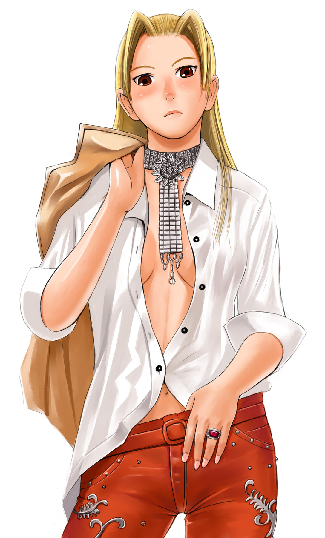 mimura kaoru, original, highres, blonde hair, long hair, navel, no bra, open clothes, open shirt, shirt, solo
