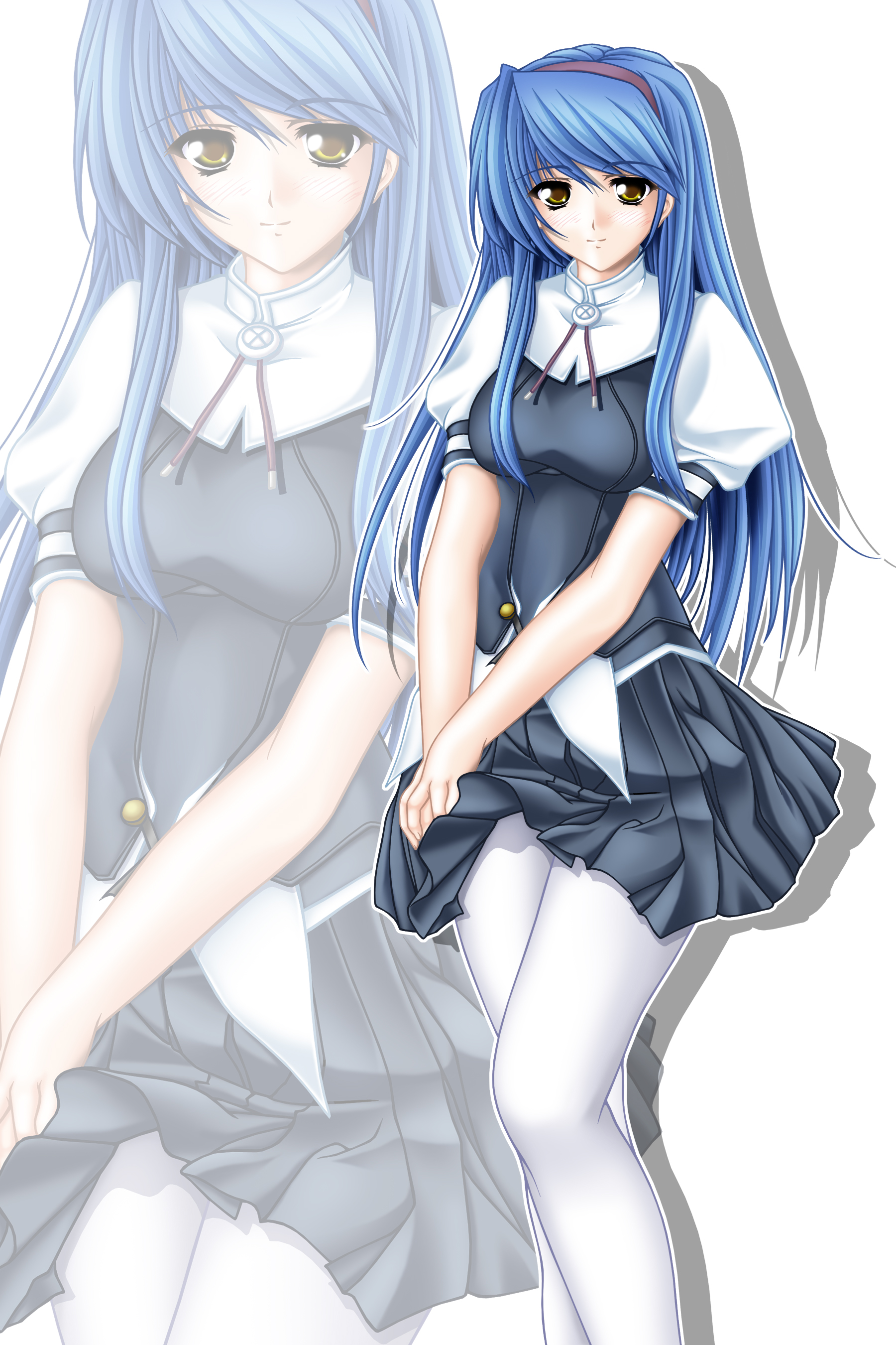 tomoya kankurou, saika s. falnese, absurdres, highres, blue hair, hairband, long hair, outline, own hands together, pantyhose, school uniform, serafuku, solo, white outline, white pantyhose, yellow eyes