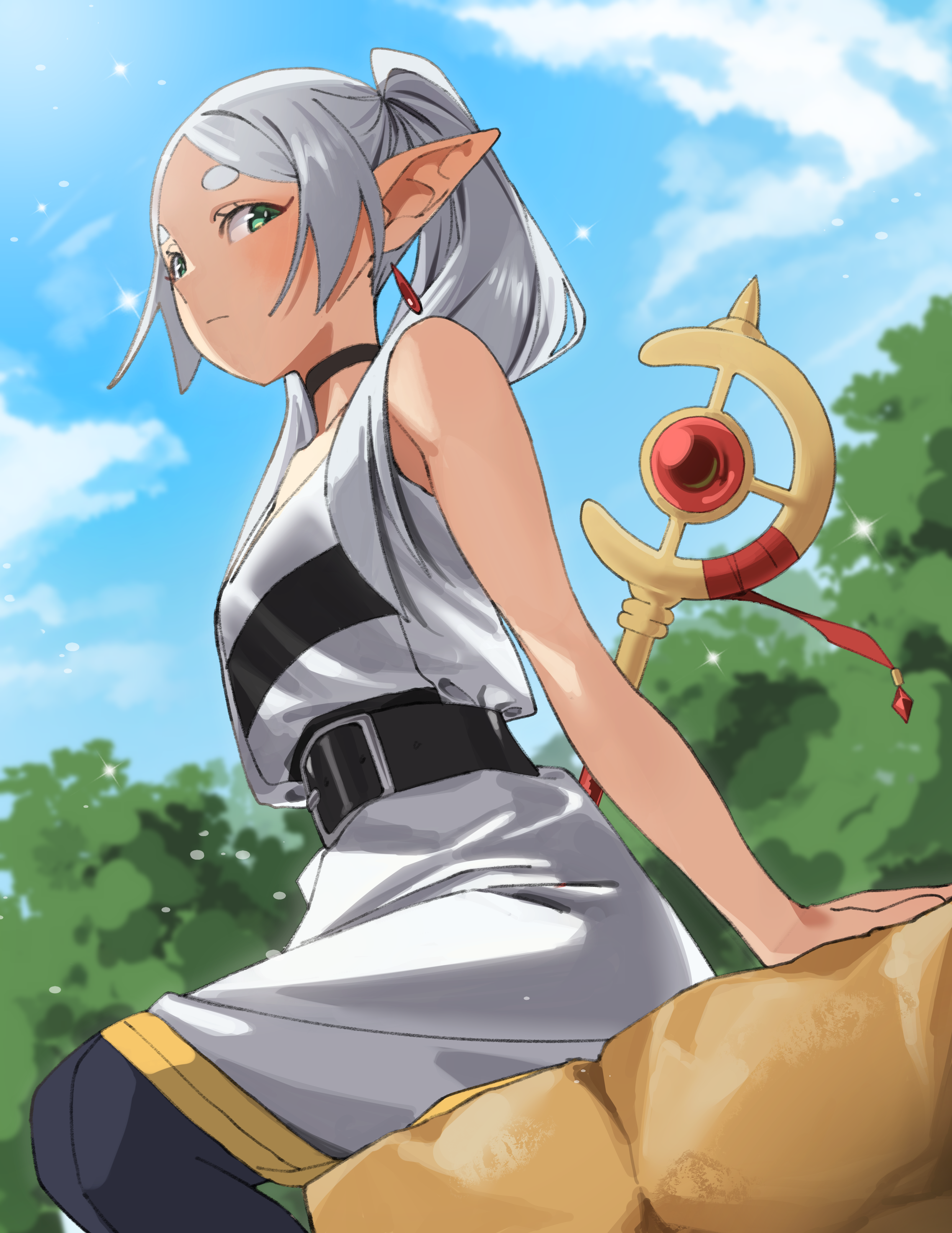 lewdrawings, frieren, sousou no frieren, absurdres, commentary, highres, 1girl, belt, black belt, black choker, blue sky, choker, day, dress, earrings, elf, green eyes, grey hair, jewelry, long hair, looking at viewer, looking down, outdoors, pointy ears, sitting, sky, solo, staff, twintails, white dress