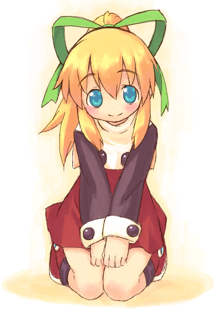 inou shin, roll (mega man), capcom, mega man (classic), mega man (series), 1girl, blonde hair, blue eyes, dress, female focus, hair ribbon, kneeling, ponytail, red skirt, ribbon, sidelocks, skirt, smile, solo, v arms