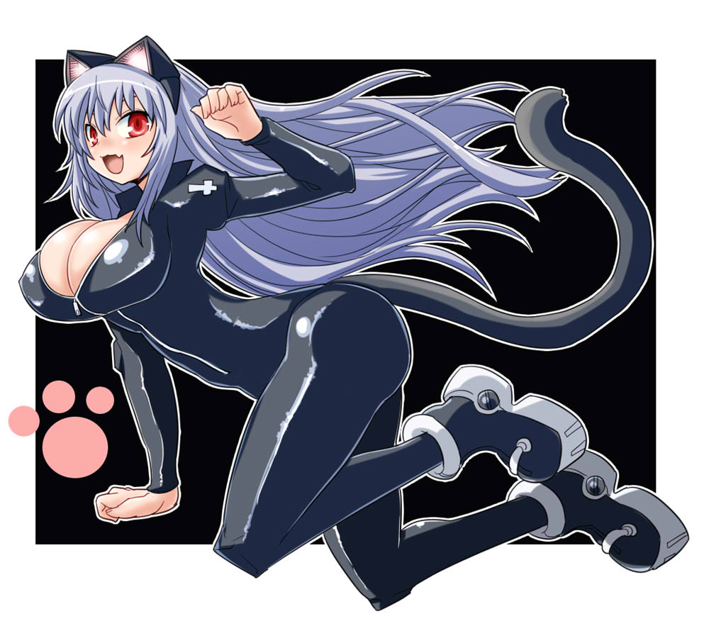 itini-sanshi, suigintou, rozen maiden, commentary request, 1girl, alternate breast size (larger), alternate costume, animal ears, black background, black bodysuit, black boots, blush, bodysuit, boots, breasts, cat ears, cat tail, catsuit, cleavage, fake animal ears, fake tail, full body, grey hair, large breasts, long hair, looking at viewer, open mouth, paw print, red eyes, smile, solo, tail, two-tone background, white background