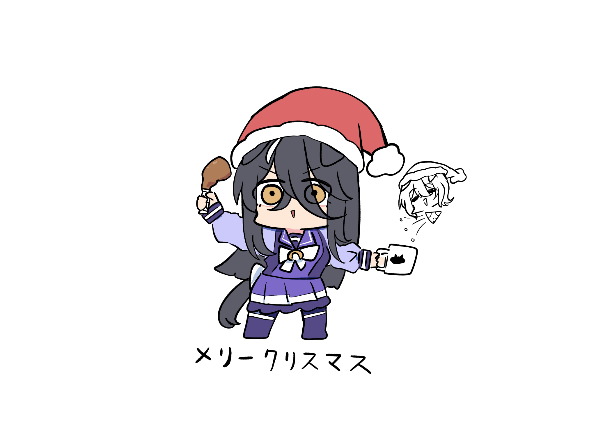 kawamochi (tddm3573), agnes tachyon (umamusume), manhattan cafe (umamusume), umamusume, highres, translation request, 2girls, :d, animal ears, black hair, brown eyes, chibi, chibi inset, chicken (food), chicken leg, cup, eyes visible through hair, food, fur-trimmed headwear, fur trim, hair over one eye, hat, holding, holding cup, holding food, horse ears, horse girl, horse tail, long hair, long sleeves, mug, multiple girls, open mouth, party popper, pleated skirt, puffy long sleeves, puffy sleeves, purple shirt, purple skirt, purple thighhighs, red hat, santa hat, school uniform, shirt, simple background, skirt, smile, solo focus, tail, thighhighs, tracen school uniform, v-shaped eyebrows, very long hair, white background