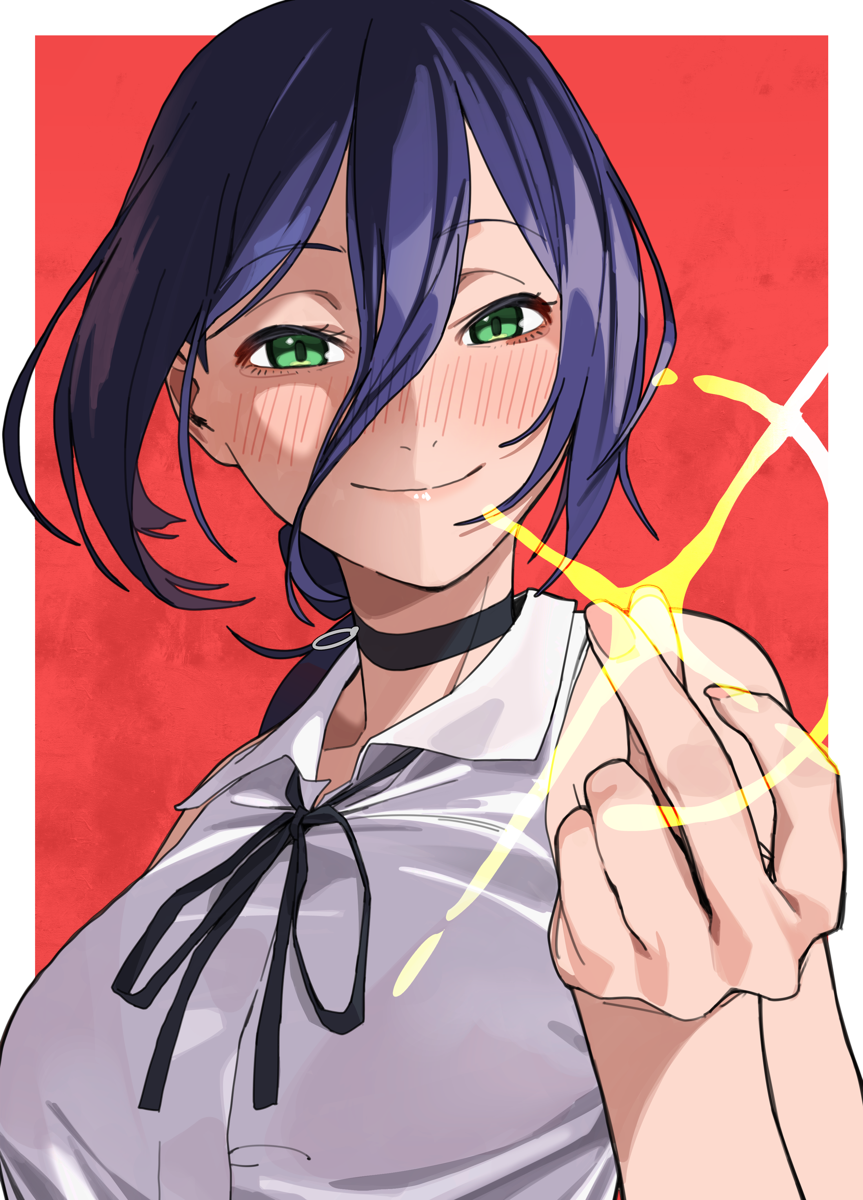 lewdrawings, reze (chainsaw man), chainsaw man, absurdres, commentary, highres, 1girl, black choker, black ribbon, blue hair, blush, border, breasts, choker, closed mouth, collared shirt, green eyes, grenade pin, hair between eyes, large breasts, long bangs, looking at viewer, neck ribbon, outside border, red background, ribbon, shirt, short hair, sleeveless, sleeveless shirt, smile, snapping fingers, solo, upper body, white border, white shirt