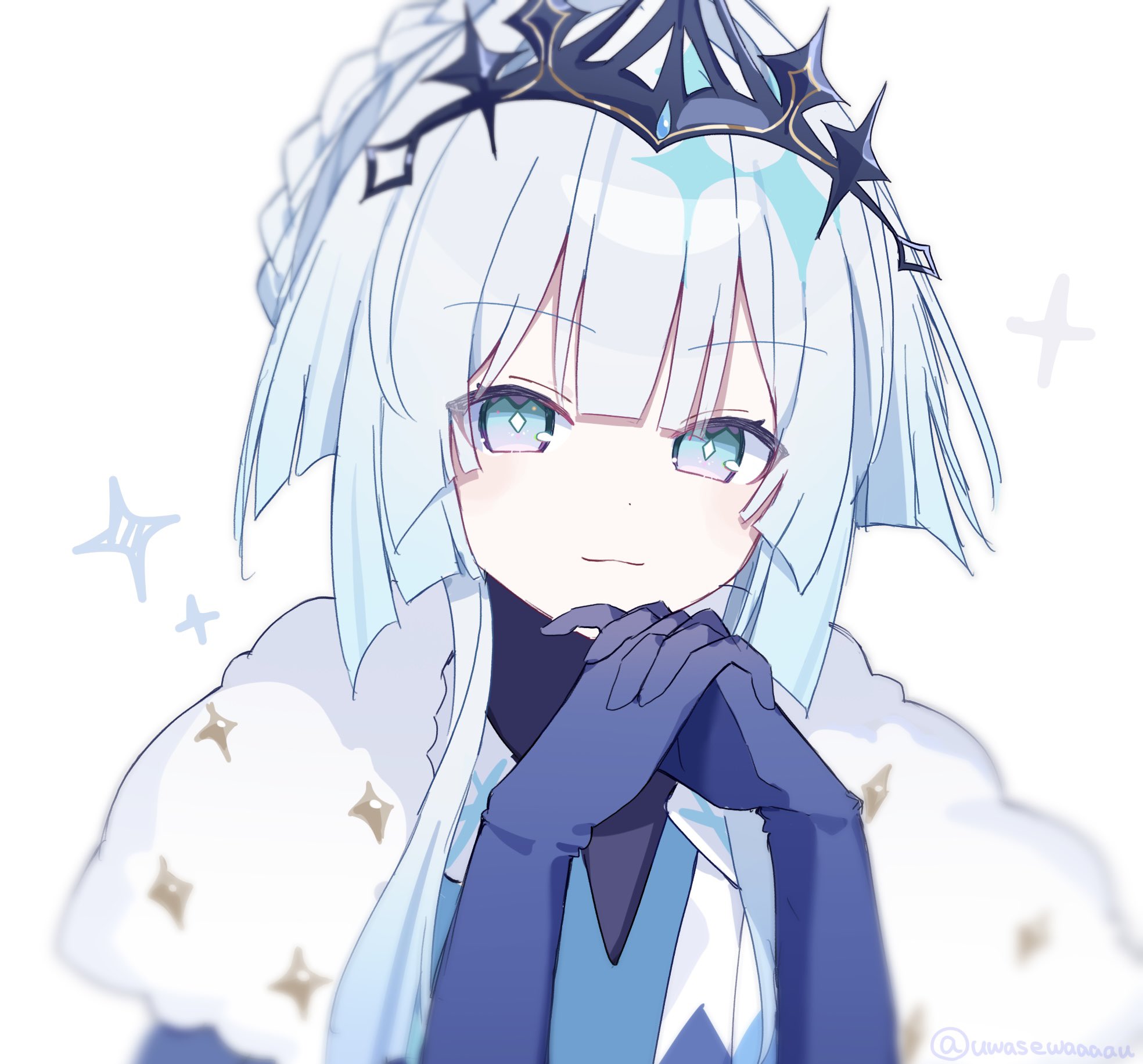 uwasewau, cerydra (conquest) (honkai: star rail), cerydra (honkai: star rail), honkai: star rail, honkai (series), highres, 1girl, black tiara, blue eyes, blue gloves, blue hair, fur trim, gloves, long hair, looking at viewer, official alternate costume, simple background, solo, tiara, upper body, white background