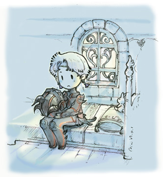 cecil harvey, dark knight (final fantasy), final fantasy, final fantasy iv, lowres, official art, 1990s (style), 1boy, armor, bed, bed sheet, chibi, dark knight, earrings, frown, headband, helmet, jewelry, male focus, pillow, rabbit, short hair, sitting, solo, window
