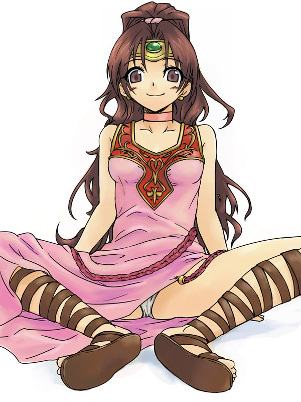 michael f91, linde (fire emblem), fire emblem, fire emblem: mystery of the emblem, fire emblem: shadow dragon, nintendo, 1girl, blush stickers, brown eyes, brown hair, choker, circlet, dress, earrings, female focus, gladiator sandals, jewelry, long hair, panties, pantyshot, ponytail, sandals, sitting, smile, solo, spread legs, underwear, white panties