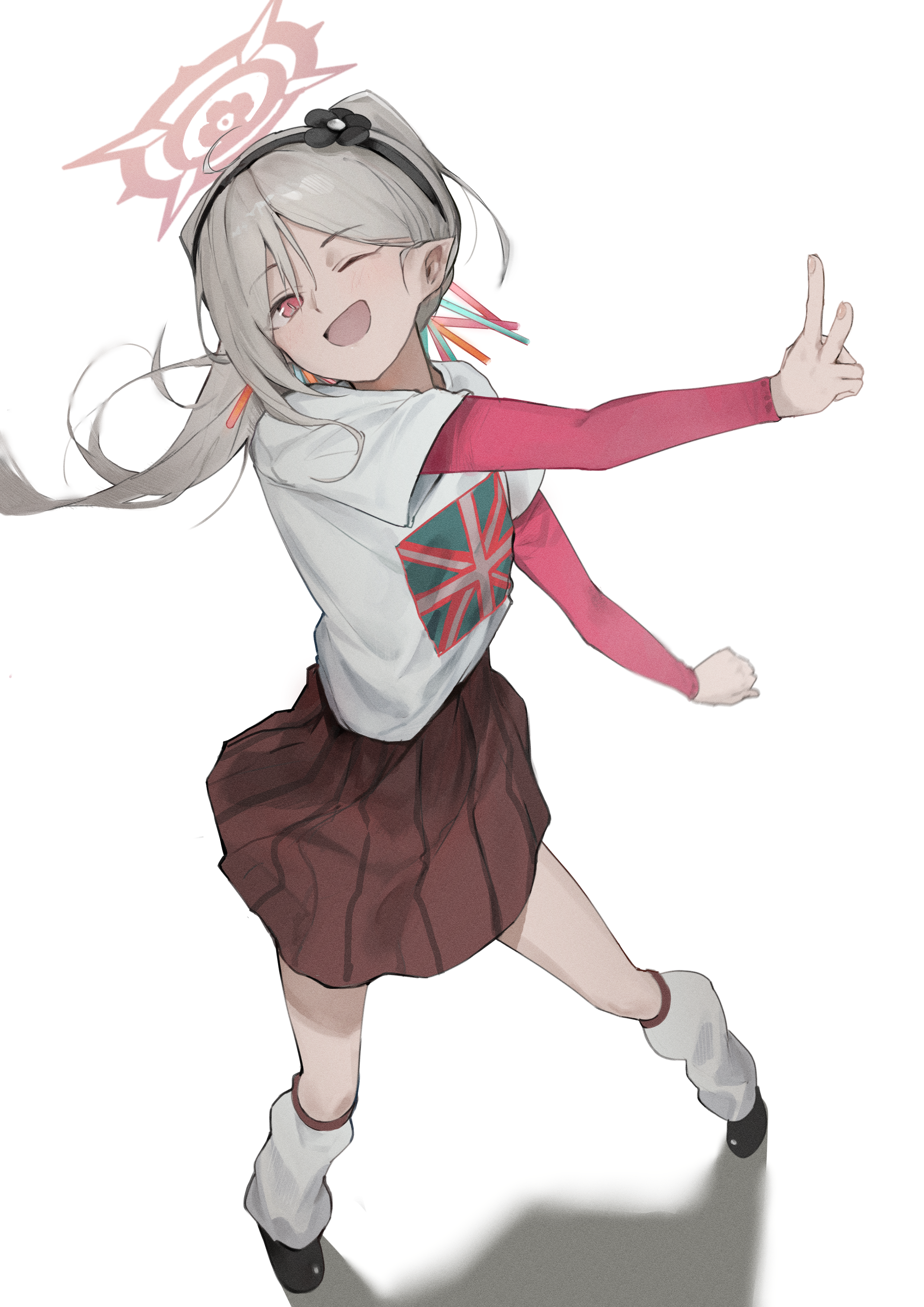 yunkkker, mutsuki (blue archive), blue archive, absurdres, commentary request, highres, 1girl, alternate costume, black shoes, brown skirt, from above, full body, grey hair, halo, long hair, long sleeves, looking at viewer, one eye closed, open mouth, pink eyes, pointy ears, red halo, shirt, shoes, side ponytail, simple background, skirt, smile, socks, solo, v, white background, white shirt, white socks