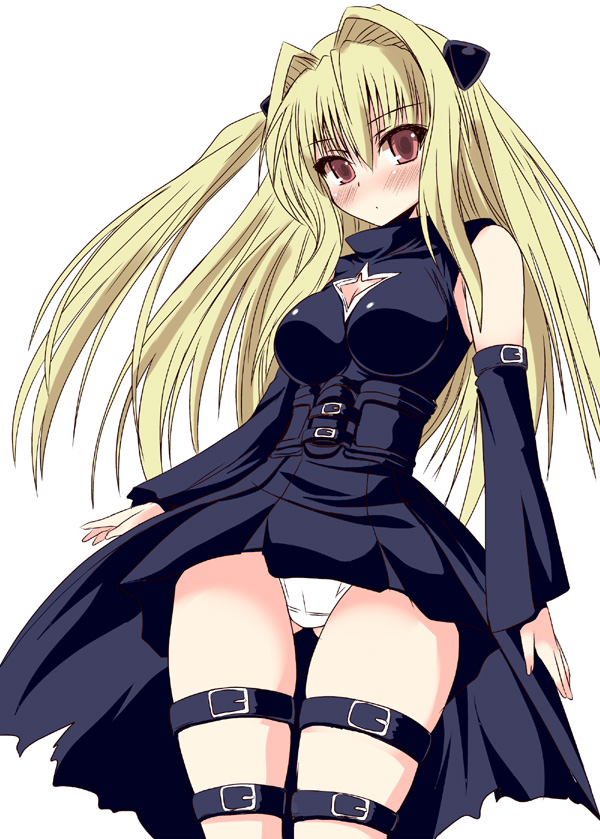 shinshin, konjiki no yami, to love-ru, 00s, blonde hair, blush, long hair, panties, red eyes, solo, thigh strap, underwear