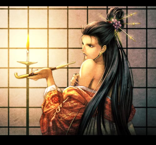 homare (fool's art), kim mihee, alfa system, shikigami no shiro, shikigami no shiro iii, taito, bad id, bad pixiv id, lowres, 1girl, bare shoulders, black hair, female focus, hair ornament, hairpin, holding, holding smoking pipe, japanese clothes, kimono, kiseru, long hair, smoking pipe, solo
