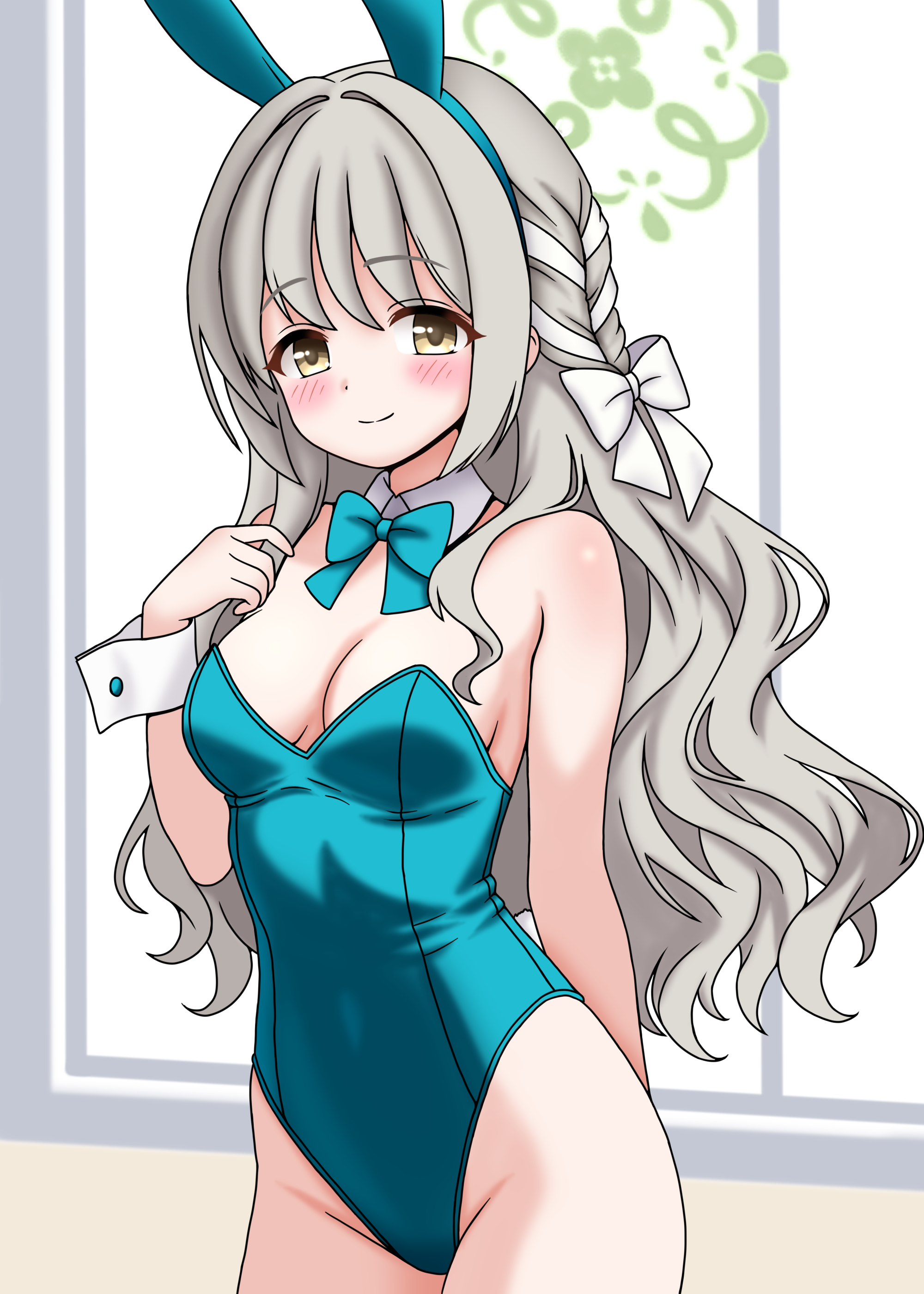 aikawa nandesu, miyo (blue archive), blue archive, hazel eyes, absurdres, commentary request, highres, partial commentary, 1girl, animal ear hairband, animal ears, aqua bow, aqua bowtie, aqua leotard, bow, bowtie, braid, breasts, cowboy shot, detached collar, fake animal ears, green halo, grey hair, hair ribbon, hairband, halo, leotard, long hair, medium breasts, playboy bunny, rabbit ears, ribbon, ribbon braid, side braid, smile, solo, strapless, strapless leotard, wavy hair, wrist cuffs
