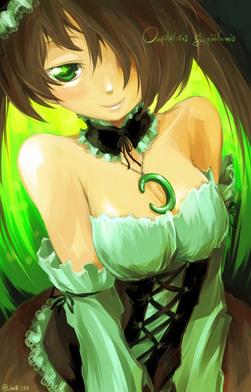 oso (toolate), omphalotus guepiniformis, omphalotus japonicus, original, oso-teki kinoko gijinka zukan, 1girl, bare shoulders, breasts, brown hair, cleavage, dress, female focus, green eyes, green hair, hair over one eye, jewelry, long hair, matching hair/eyes, medium breasts, mushroom, necklace, personification, smile, solo