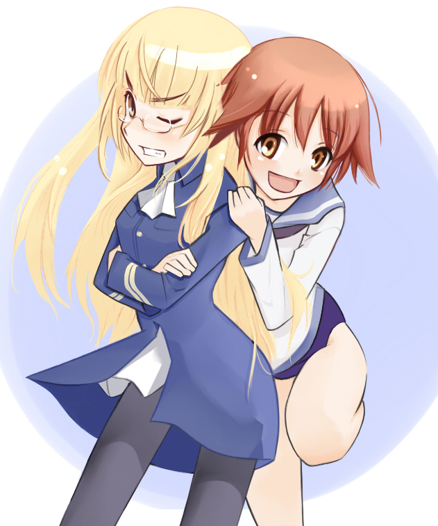 korino, miyafuji yoshika, perrine h. clostermann, strike witches, world witches series, black legwear, uniform, >;d, 00s, 2girls, :d, ;d, angry, ascot, blonde hair, blue background, blue one-piece swimsuit, blunt bangs, blush, buttons, crossed arms, female focus, glasses, hand on another's shoulder, leg up, long hair, long sleeves, looking at viewer, multiple girls, one-piece swimsuit, one eye closed, open mouth, pantyhose, red hair, rimless eyewear, school swimsuit, short hair, simple background, smile, standing, standing on one leg, swimsuit, swimsuit under clothes, tareme, v-shaped eyebrows, very long hair, yellow eyes