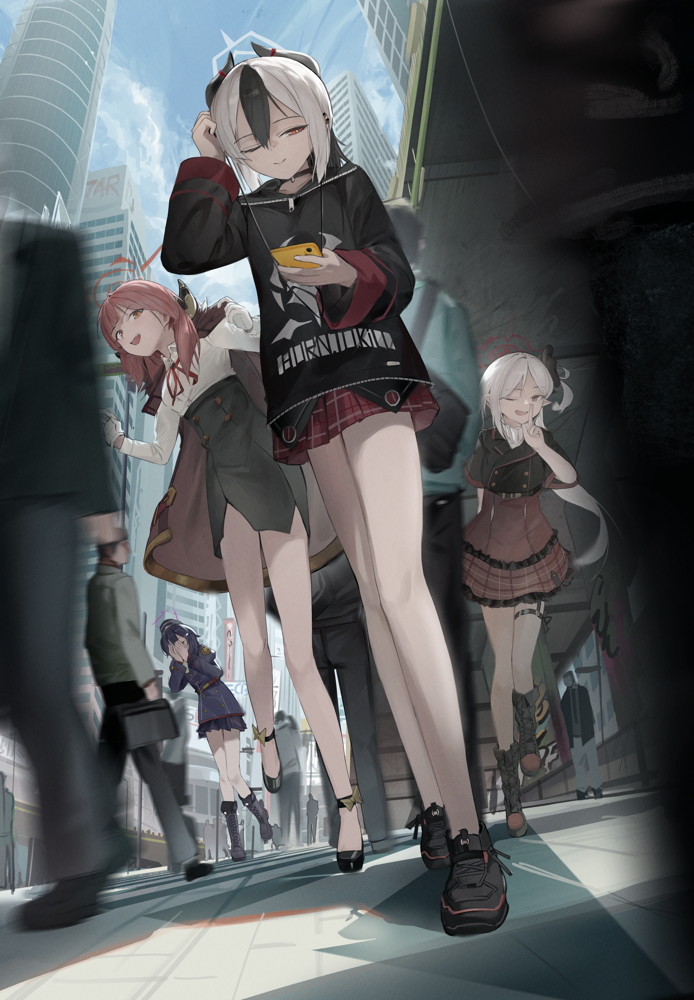 yunkkker, aru (blue archive), haruka (blue archive), kayoko (blue archive), mutsuki (blue archive), blue archive, absurdres, commentary request, highres, 4girls, black hair, black hoodie, black horns, black skirt, blue sky, blurry, building, city, depth of field, earphones, from below, full body, grey hair, grey halo, halo, hand up, holding, holding phone, hood, hoodie, horns, multiple girls, one eye closed, outdoors, pencil skirt, people, phone, pink hair, problem solver 68 (blue archive), shirt, skirt, sky, skyscraper, walking, white shirt