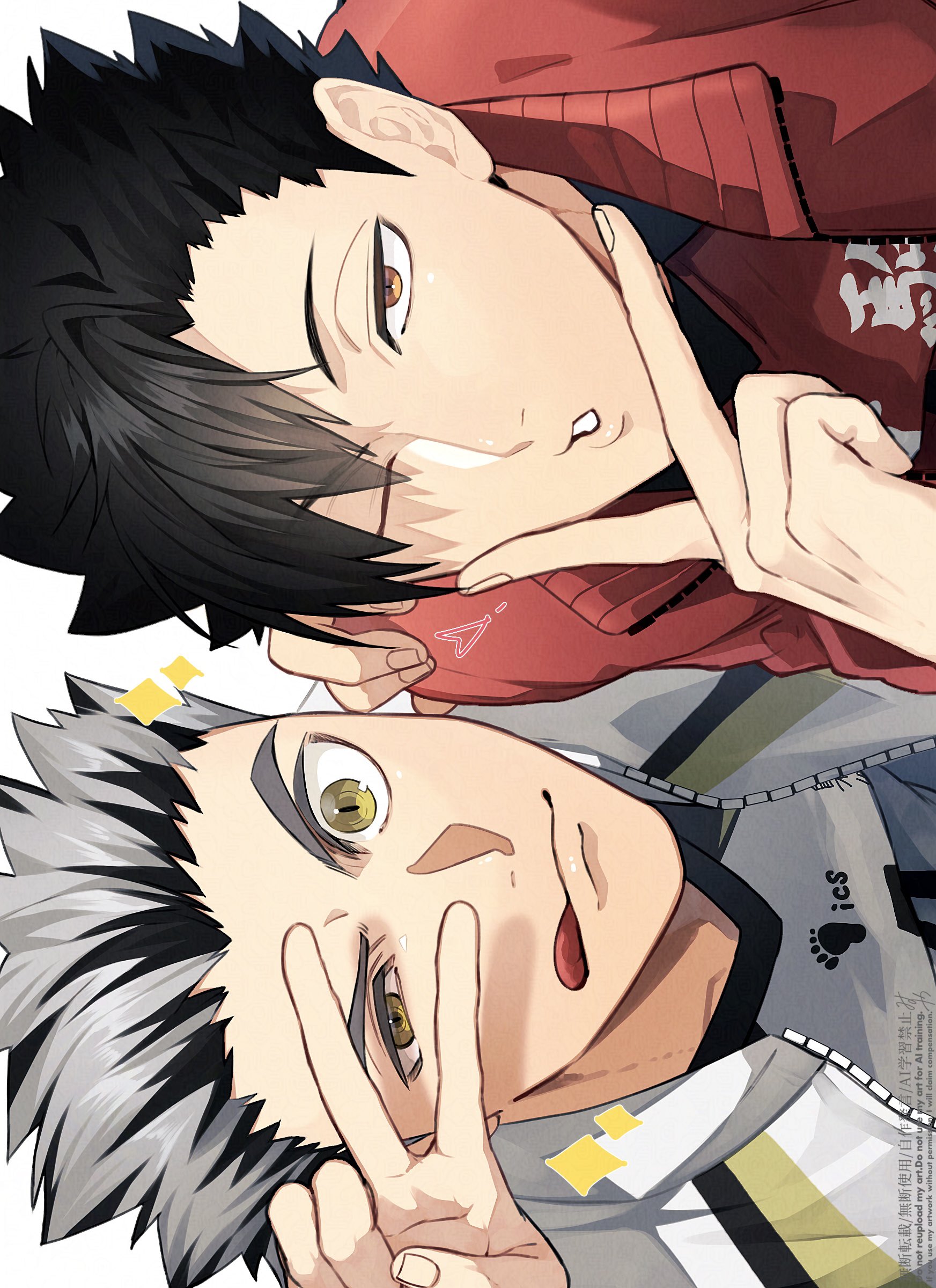 omg genjitsu, bokuto koutarou, kuroo tetsurou, haikyuu!!, absurdres, commentary request, highres, 2boys, :d, arm up, black hair, fukurodani volleyball uniform, grey hair, grey jacket, hair over one eye, jacket, male focus, multicolored hair, multiple boys, nekoma volleyball uniform, one eye closed, open mouth, orange eyes, parted lips, red jacket, short hair, sideways, smile, sparkle, sparkling aura, sportswear, streaked hair, teeth, tongue, tongue out, uneven eyes, unzipped, upper body, v, v-neck, v over eye, v over mouth, volleyball uniform, white background, yellow eyes, zipper