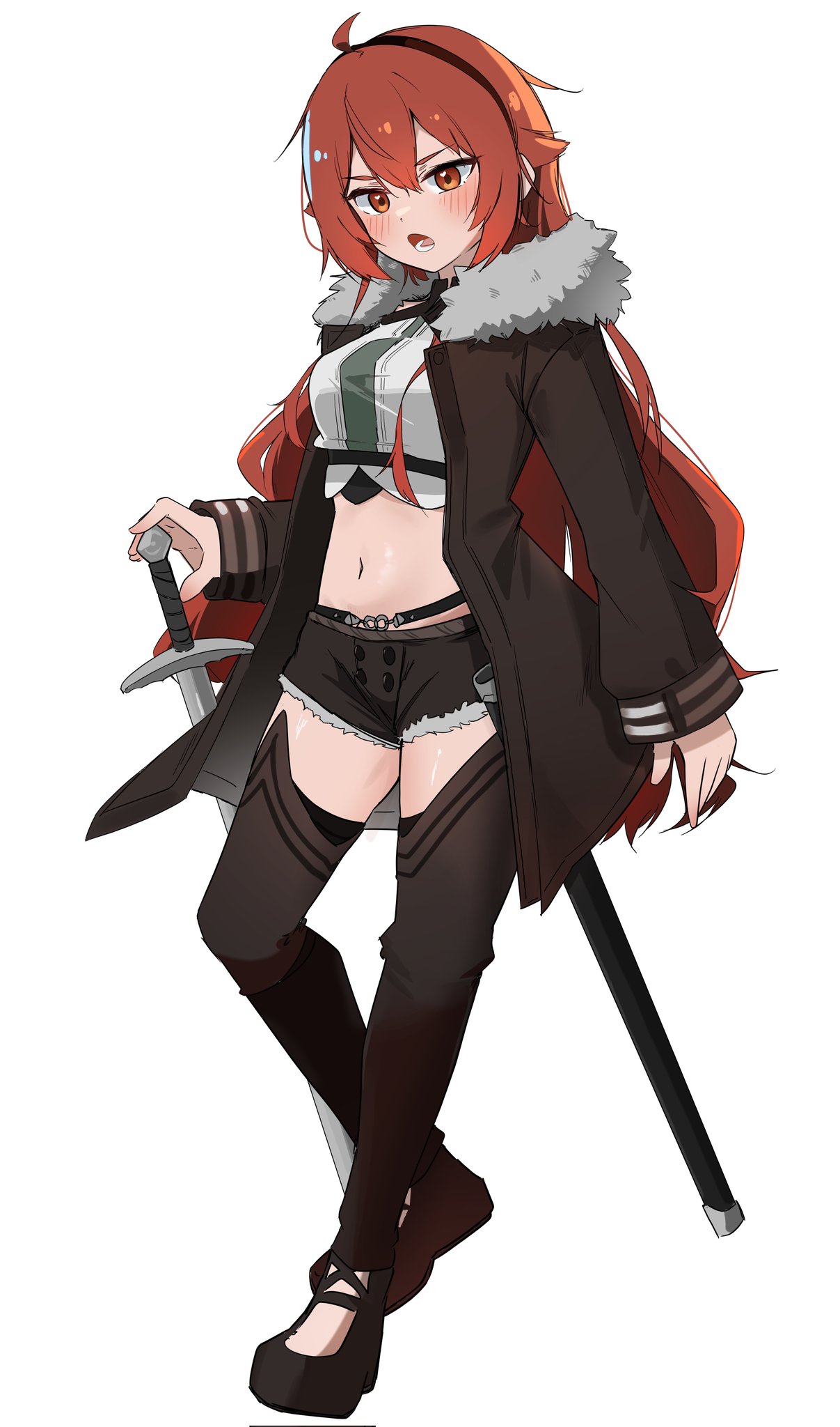 sinsu, eris greyrat, mushoku tensei, highres, 1girl, :o, ahoge, black hairband, black leg warmers, black shoes, brown jacket, crop top, dot nose, double-parted bangs, full body, fur-trimmed jacket, fur-trimmed shorts, fur trim, hair between eyes, hair flaps, hairband, head tilt, holding, holding sword, holding weapon, jacket, leg warmers, long hair, lower teeth only, midriff, navel, open clothes, open jacket, open mouth, red eyes, red hair, shirt, shoes, short shorts, shorts, sidelocks, simple background, sleeves past wrists, solo, standing, stomach, sword, teeth, weapon, white background, white shirt
