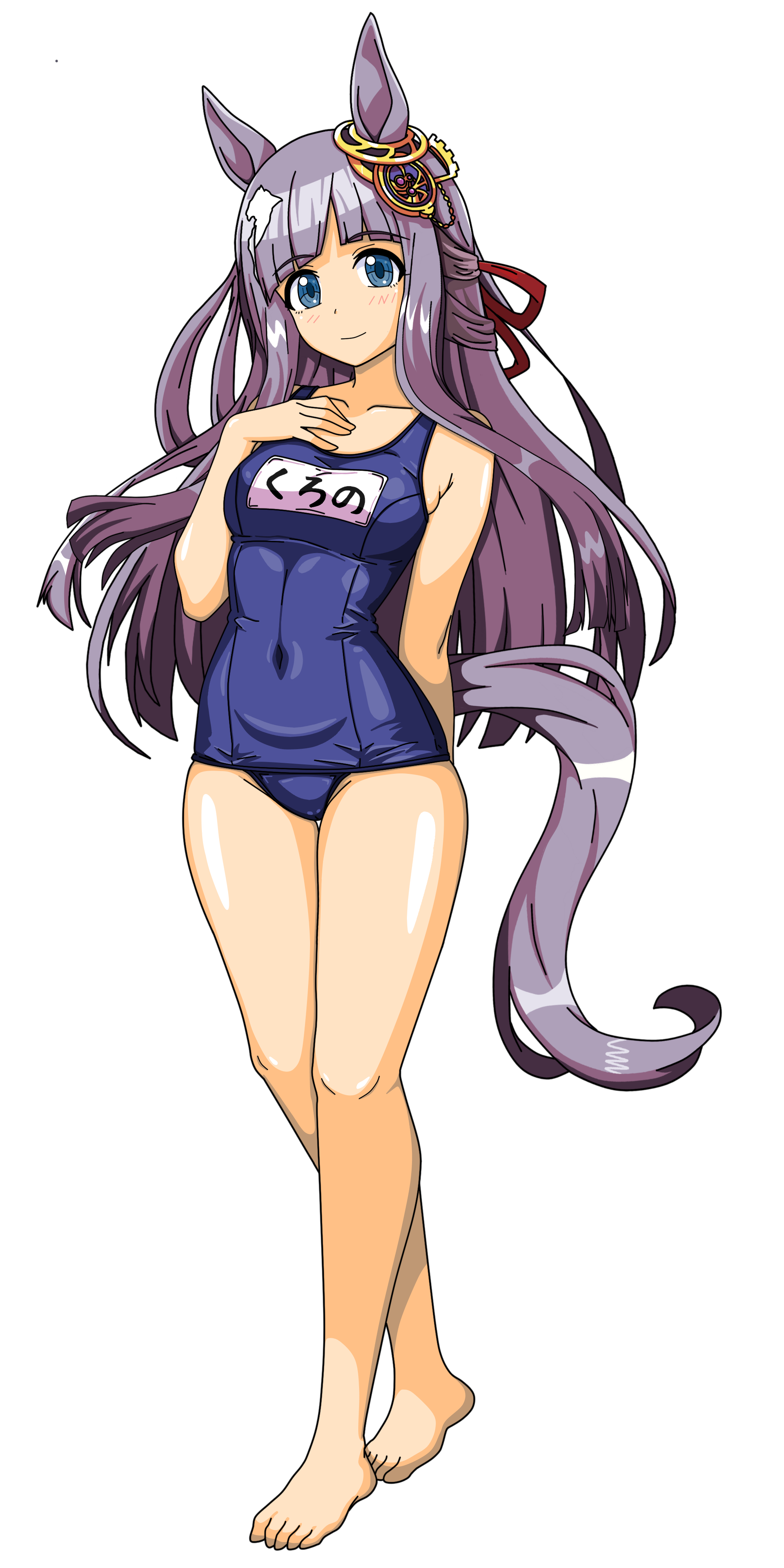 pinga95, chrono genesis (umamusume), umamusume, absurdres, commentary request, highres, 1girl, animal ears, barefoot, blue eyes, blue one-piece swimsuit, blunt bangs, breasts, covered navel, ear ornament, full body, grey hair, horse ears, horse girl, horse tail, long hair, looking at viewer, medium breasts, name tag, old school swimsuit, one-piece swimsuit, school swimsuit, simple background, solo, standing, swimsuit, tail, white background