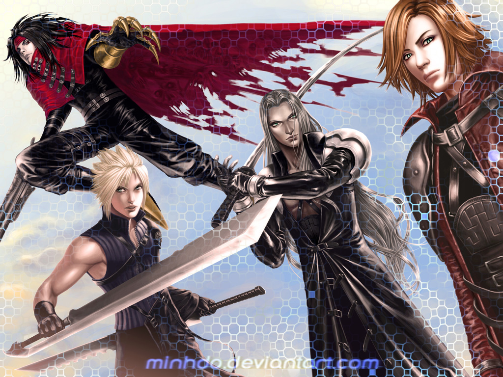 minh do, cloud strife, genesis rhapsodos, sephiroth, vincent valentine, crisis core final fantasy vii, dirge of cerberus final fantasy vii, final fantasy, final fantasy vii, final fantasy vii advent children, silver hair, 00s, 1990s (style), 4boys, armor, black hair, blonde hair, cape, claws, cloak, dual wielding, gloves, green eyes, gun, headband, holding, long hair, mako eyes, male focus, multiple boys, open mouth, orange hair, pauldrons, realistic, red cape, red eyes, short hair, shoulder armor, sleeveless, sword, weapon