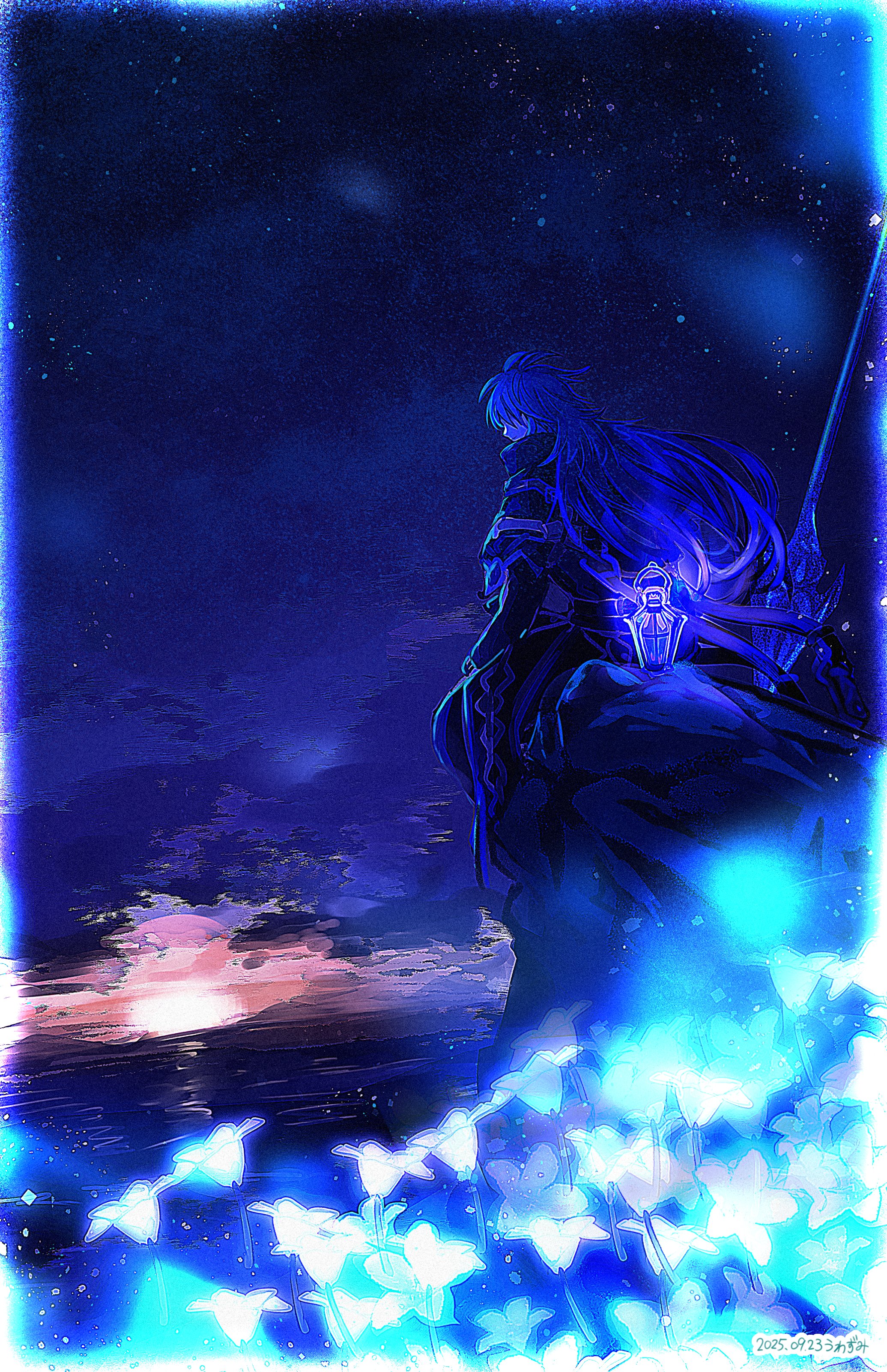 uwazumi yodomi, flins (genshin impact), genshin impact, absurdres, commentary request, highres, 1boy, blue theme, coat, collared coat, dated, dusk, flower, from behind, high collar, lantern, long hair, long sleeves, male focus, sitting, solo, sun, sunset, weapon, white flower