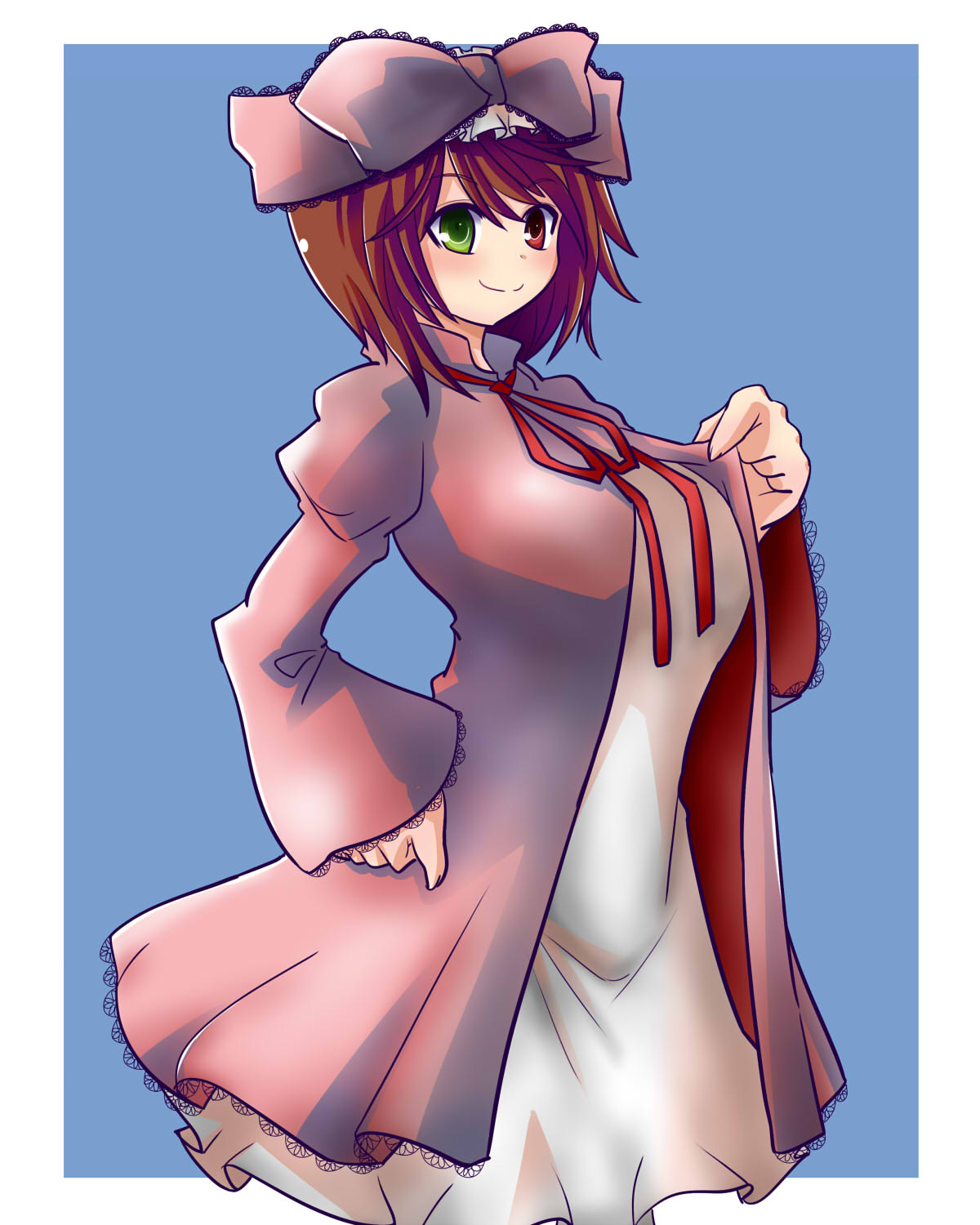 itini-sanshi, hinaichigo, souseiseki, rozen maiden, commentary request, highres, 1girl, blue background, blush, bow, brown hair, closed mouth, coat, cosplay, costume switch, cowboy shot, dress, frilled bow, frills, green eyes, hair bow, heterochromia, hinaichigo (cosplay), lolita fashion, long sleeves, looking at viewer, neck ribbon, pink bow, pink coat, red eyes, red ribbon, ribbon, short hair, simple background, smile, solo, two-tone background, white background, white dress