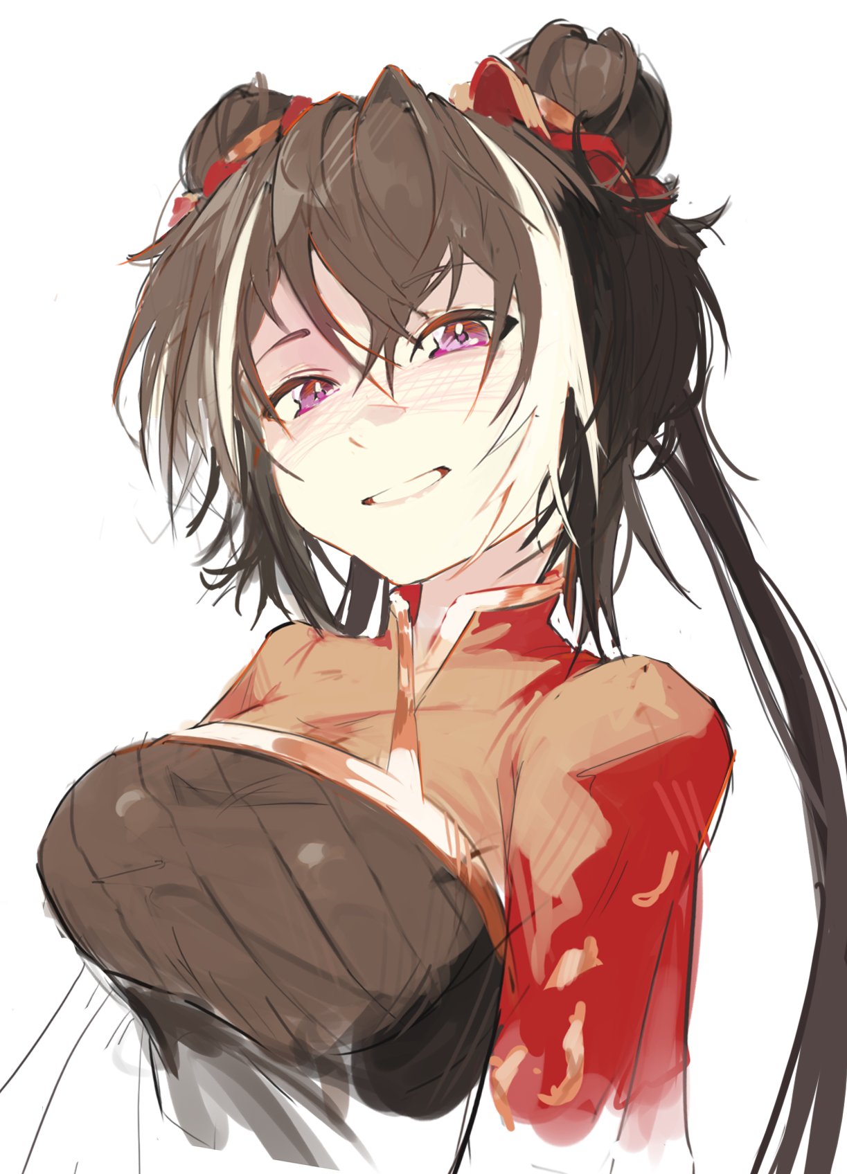 jia xichun (project moon), limbus company, project moon, highres, 1girl, black dress, black hair, breasts, chinese clothes, double bun, dress, gerxest, grin, hair bun, long hair, looking at viewer, multicolored hair, pink eyes, red shrug, shrug (clothing), simple background, smile, solo, streaked hair, twintails, upper body, white background, white streaks