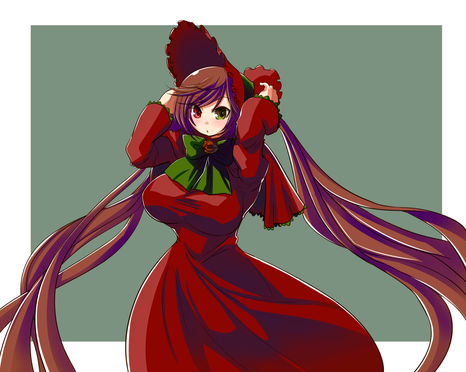 itini-sanshi, shinku, suiseiseki, rozen maiden, commentary request, highres, 1girl, alternate breast size (larger), bonnet, bow, bowtie, breasts, brown hair, cosplay, cowboy shot, dress, green background, green bow, green bowtie, green eyes, heterochromia, large breasts, lolita fashion, long dress, long hair, long sleeves, looking at viewer, red bonnet, red dress, red eyes, shinku (cosplay), simple background, solo, twintails, two-tone background, very long hair, white background