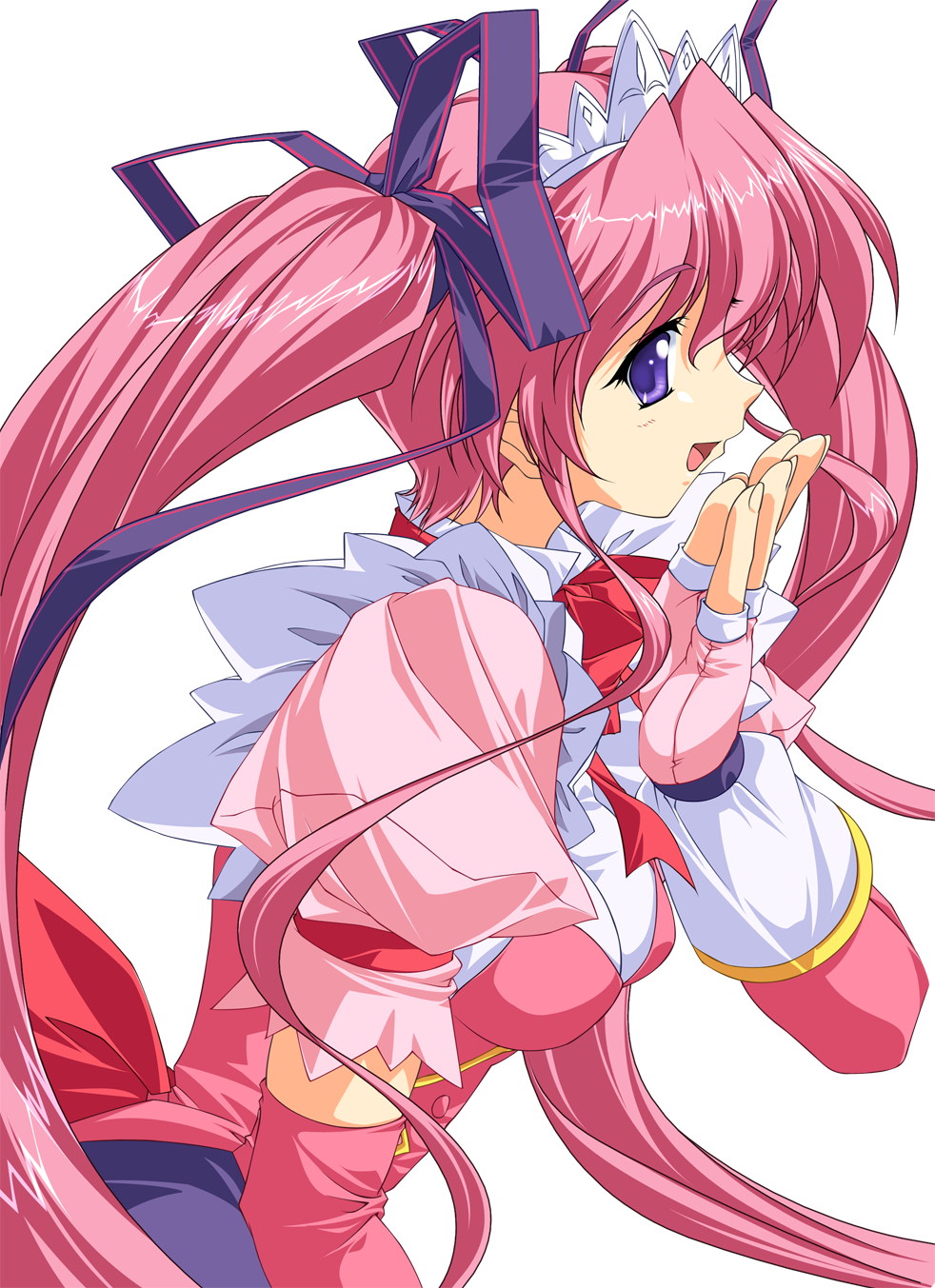 hayasaka hiyori, mizuiro, highres, 00s, blue eyes, bow, elbow gloves, gloves, hair ribbon, magical girl, pink hair, ribbon, solo, twintails