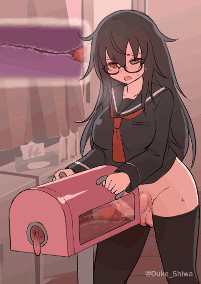 shiwa kou, original, 1futa, artist name, bar censor, black hair, black serafuku, black thighhighs, blush, bottomless, breeding mount, brown eyes, censored, cum, ejaculation, futanari, futanari masturbation, glasses, internal cumshot, long hair, masturbation, mosaic censoring, open mouth, orgasm, precum, precum string, school uniform, serafuku, sex toy, solo, standing, sweat, thighhighs