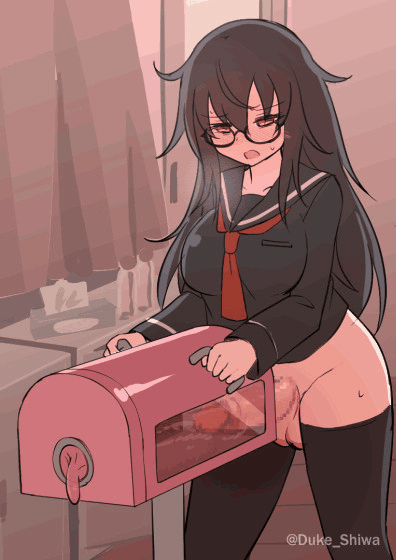 shiwa kou, original, 1futa, artist name, black hair, black serafuku, black thighhighs, blush, bottomless, breeding mount, brown eyes, censored, futanari, futanari masturbation, glasses, long hair, masturbation, mosaic censoring, open mouth, precum, precum string, school uniform, serafuku, sex toy, solo, standing, sweat, thighhighs