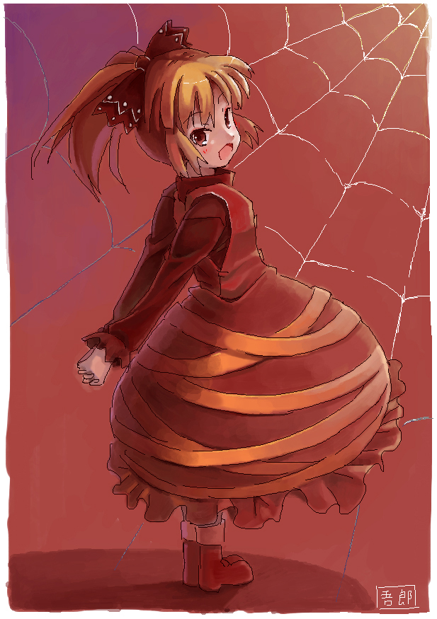 fuyu no kareha, maya goroh (pixiv), mya gorou, kurodani yamame, touhou, 1girl, female focus, full body, gradient background, ribbon, silk, solo, spider web, standing