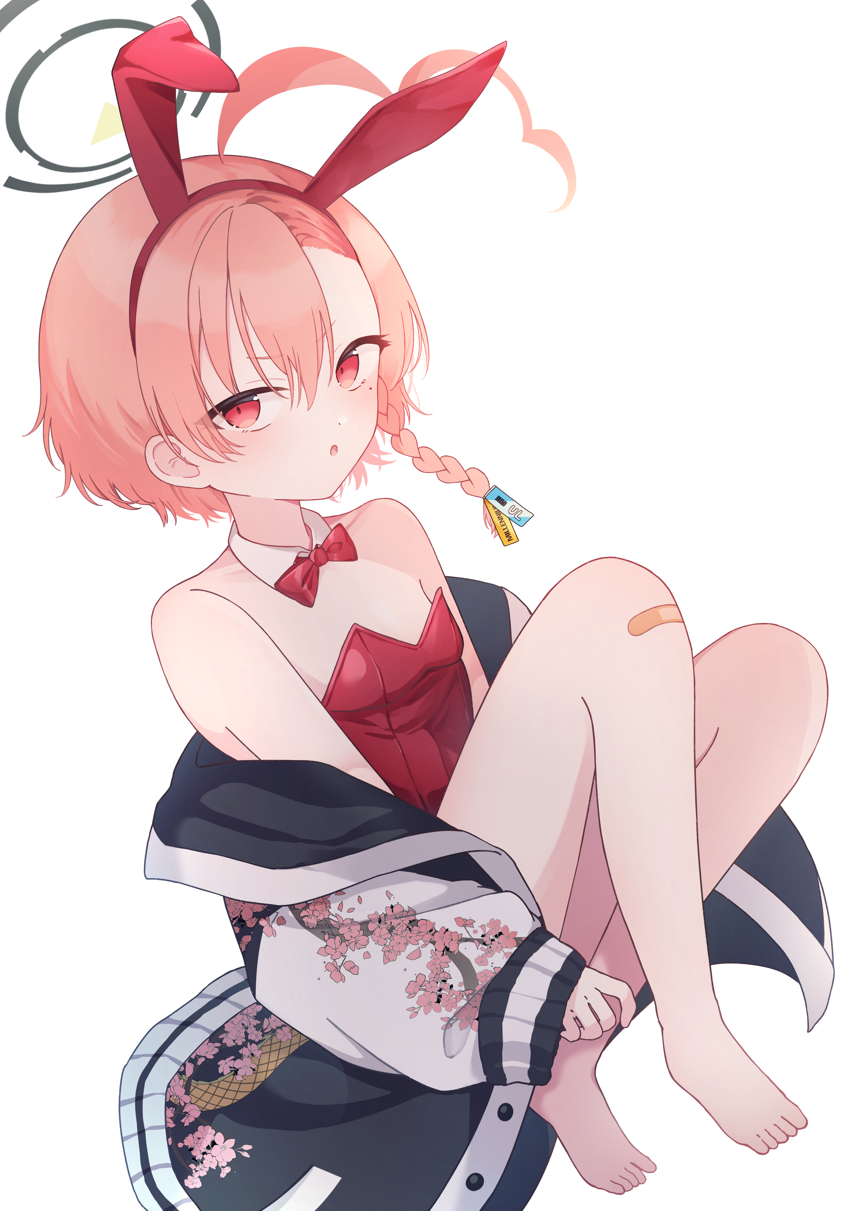 yomiya yumeha, neru (blue archive), neru (bunny) (blue archive), blue archive, absurdres, highres, 1girl, ahoge, animal ear hairband, animal ears, asymmetrical hair, bandaid, bandaid on knee, bandaid on leg, barefoot, black halo, bow, bowtie, breasts, detached collar, fake animal ears, hairband, halo, huge ahoge, jacket, leotard, mole, mole under each eye, mole under eye, multiple moles, orange hair, playboy bunny, print jacket, rabbit ears, red bow, red bowtie, red eyes, red leotard, simple background, sitting, small breasts, solo, strapless, strapless leotard, sukajan, tag, white background