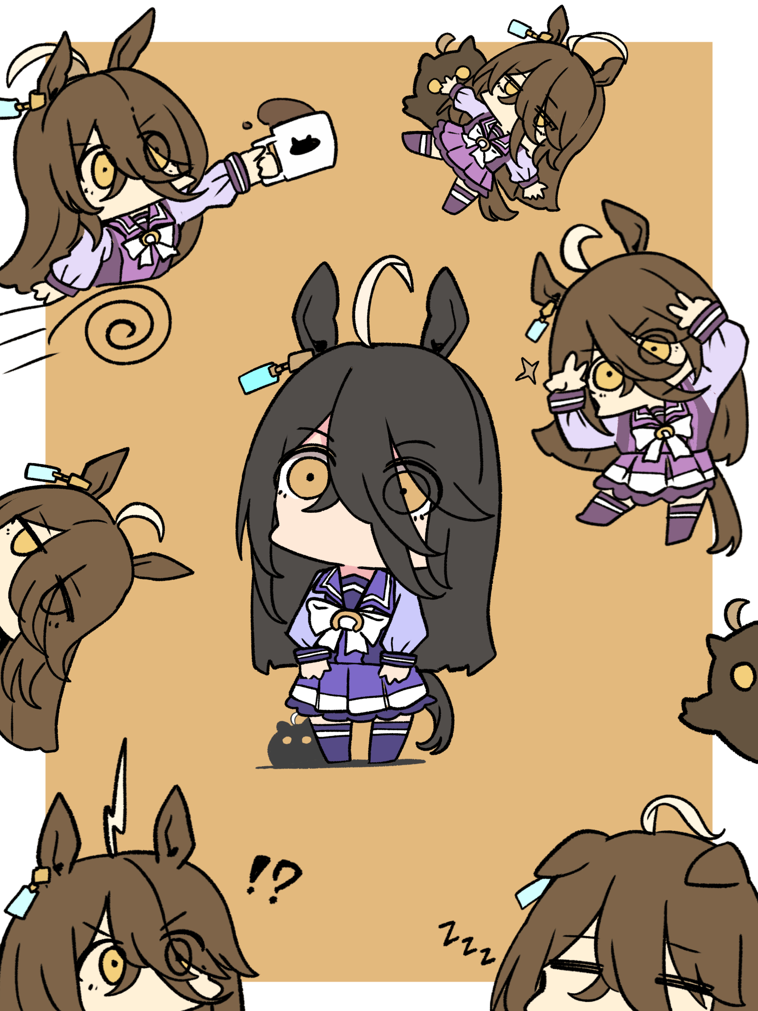 kawamochi (tddm3573), manhattan cafe (umamusume), umamusume, highres, 1girl, ahoge, alternate hair color, animal ears, black hair, border, brown background, brown hair, chibi, cup, eyes visible through hair, hair between eyes, hair over one eye, holding, holding cup, horse ears, horse girl, horse tail, long sleeves, mug, multicolored hair, multiple views, no shoes, pleated skirt, puffy long sleeves, puffy sleeves, purple shirt, purple skirt, purple thighhighs, shadow, shirt, skirt, tail, thighhighs, two-tone hair, wheel o feet, white border, white hair, yellow eyes