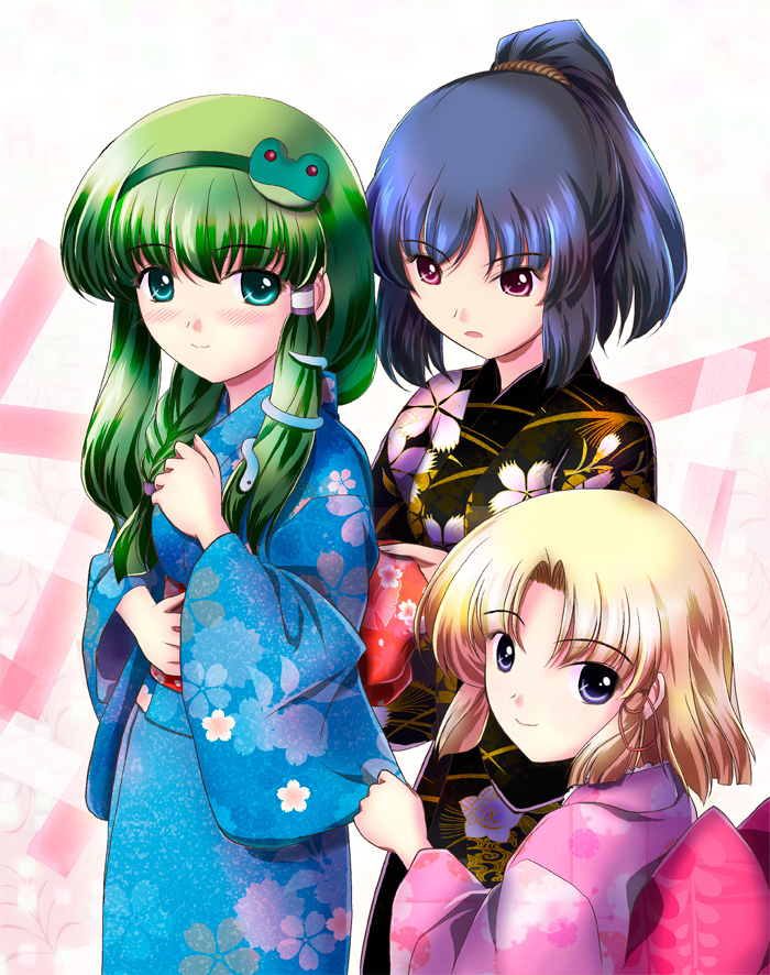 yamaguchi takashi, yamaguchi yuu, kochiya sanae, moriya suwako, yasaka kanako, touhou, 3girls, blonde hair, female focus, frog, green hair, japanese clothes, kimono, long hair, multiple girls, purple hair, ribbon, rope, short hair, snake
