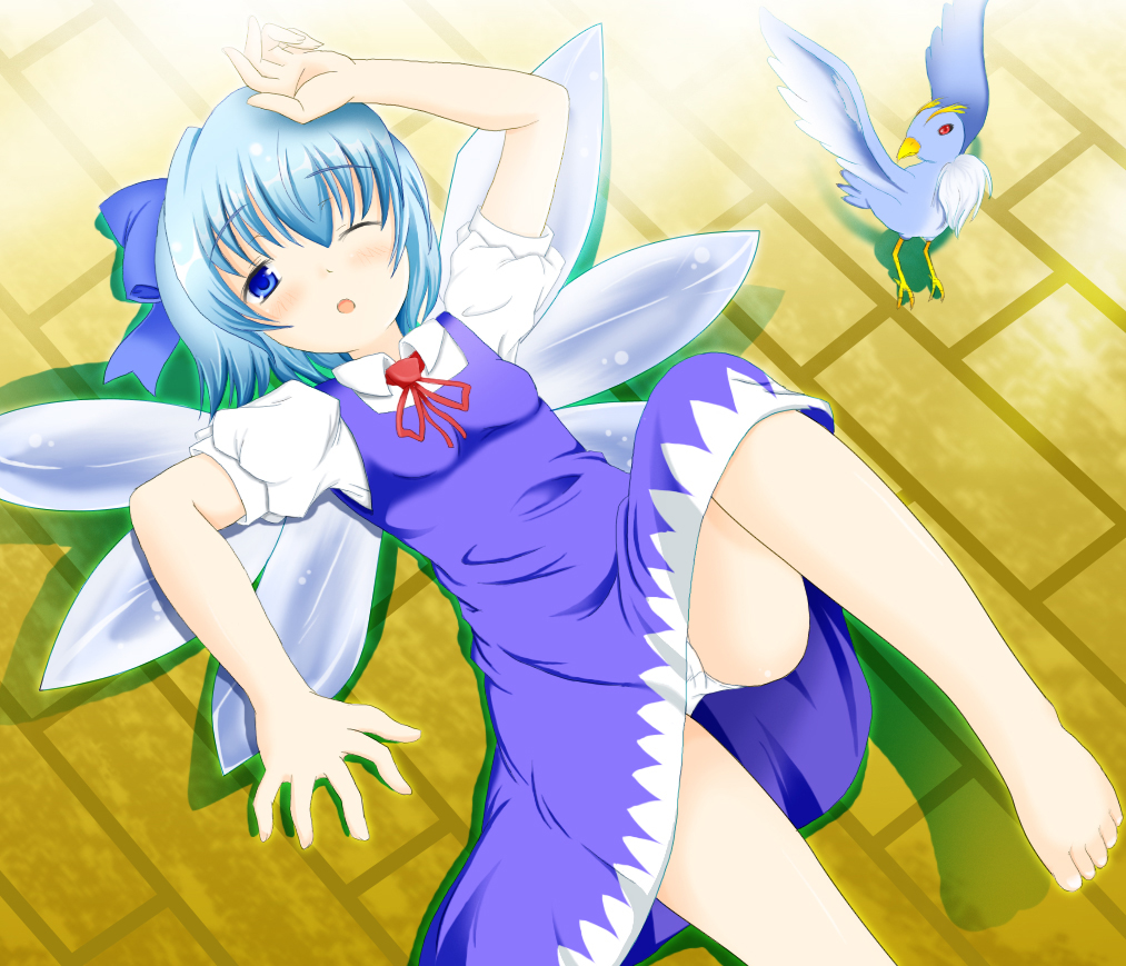 komatsu nameiya, cirno, embodiment of scarlet devil, touhou, bad id, bad pixiv id, 1girl, barefoot, bird, blue hair, dress, female focus, panties, ribbon, short hair, solo, underwear, wings, wink