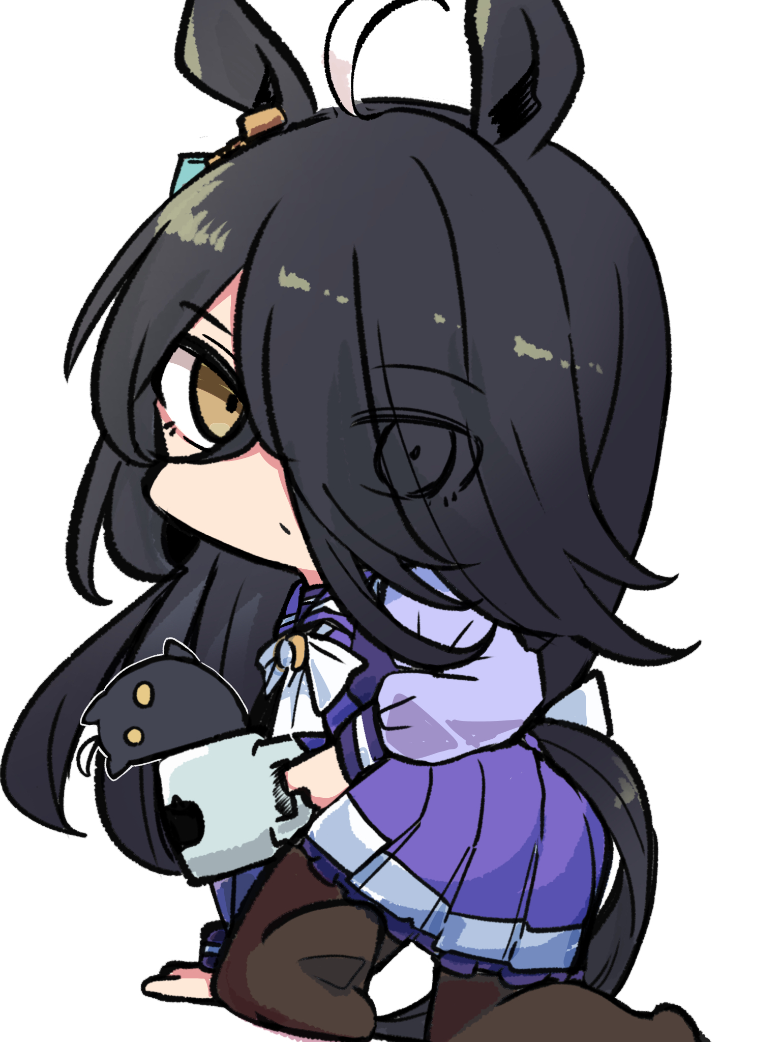 kawamochi (tddm3573), manhattan cafe (umamusume), umamusume, highres, 1girl, ahoge, all fours, animal ears, black hair, bow, brown eyes, brown pantyhose, closed mouth, cup, eyes visible through hair, from behind, hair over one eye, holding, holding cup, horse ears, horse girl, horse tail, long hair, long sleeves, looking at viewer, looking back, mug, pantyhose, pleated skirt, puffy long sleeves, puffy sleeves, purple shirt, purple skirt, school uniform, shirt, simple background, skirt, tail, tracen school uniform, twisted torso, very long hair, white background, white bow