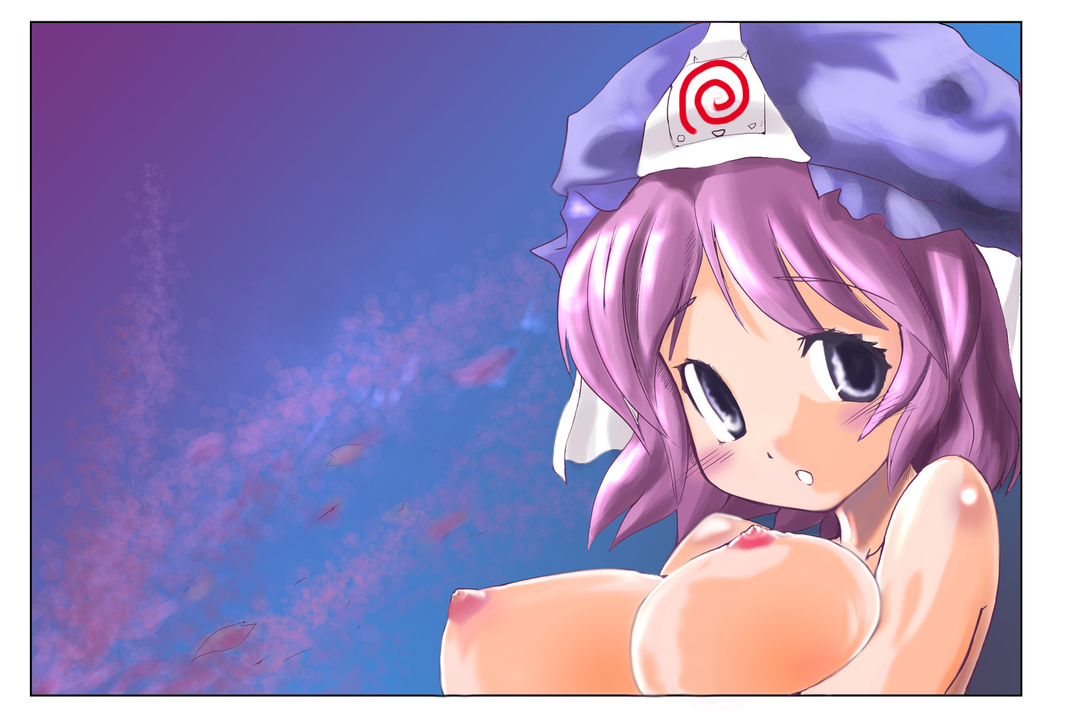 takara akihito, saigyouji yuyuko, touhou, 1girl, breasts, female focus, game console, hat, huge breasts, large breasts, nipples, pink hair, sega dreamcast, short hair, solo