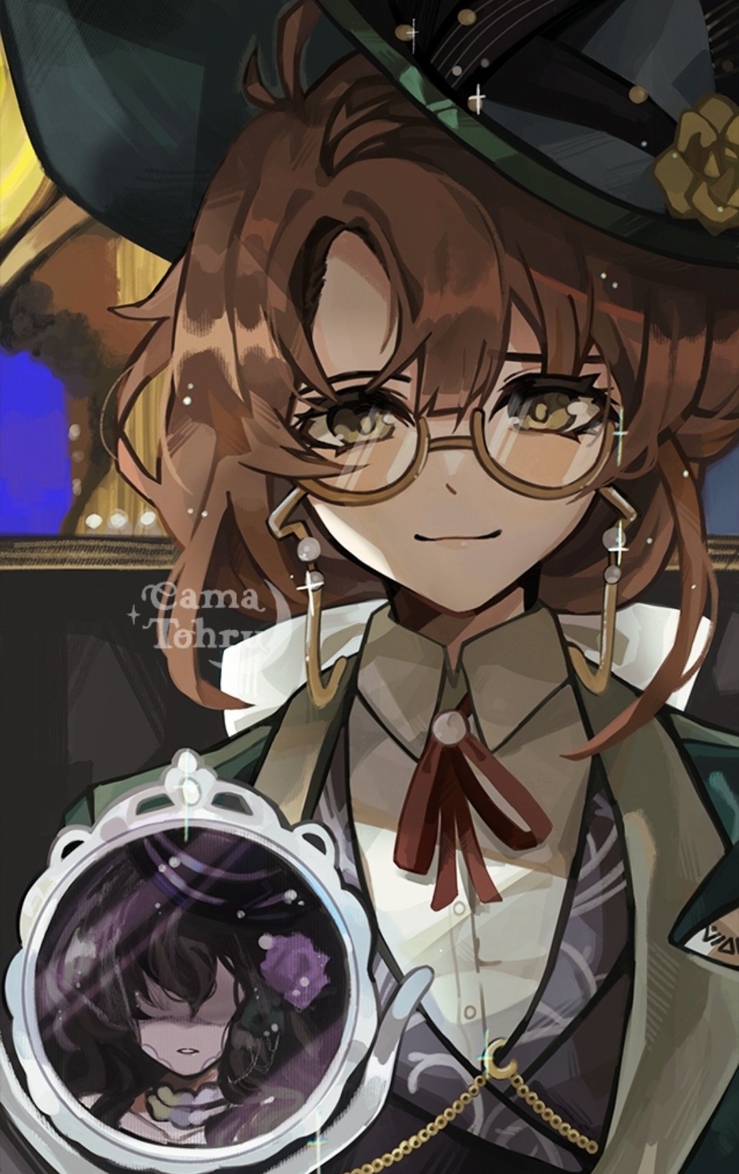 isolde (reverse:1999), kakania (reverse:1999), reverse:1999, highres, 2girls, artist name, black vest, brown hair, cama (camatohru), closed mouth, collared shirt, eyewear strap, glasses, green eyes, green hat, green jacket, hat, jacket, long hair, looking at viewer, mirror, multiple girls, neck ribbon, red ribbon, reflection, ribbon, semi-rimless eyewear, shirt, smile, solo focus, under-rim eyewear, upper body, vest, waistcoat, white shirt, yellow-framed eyewear