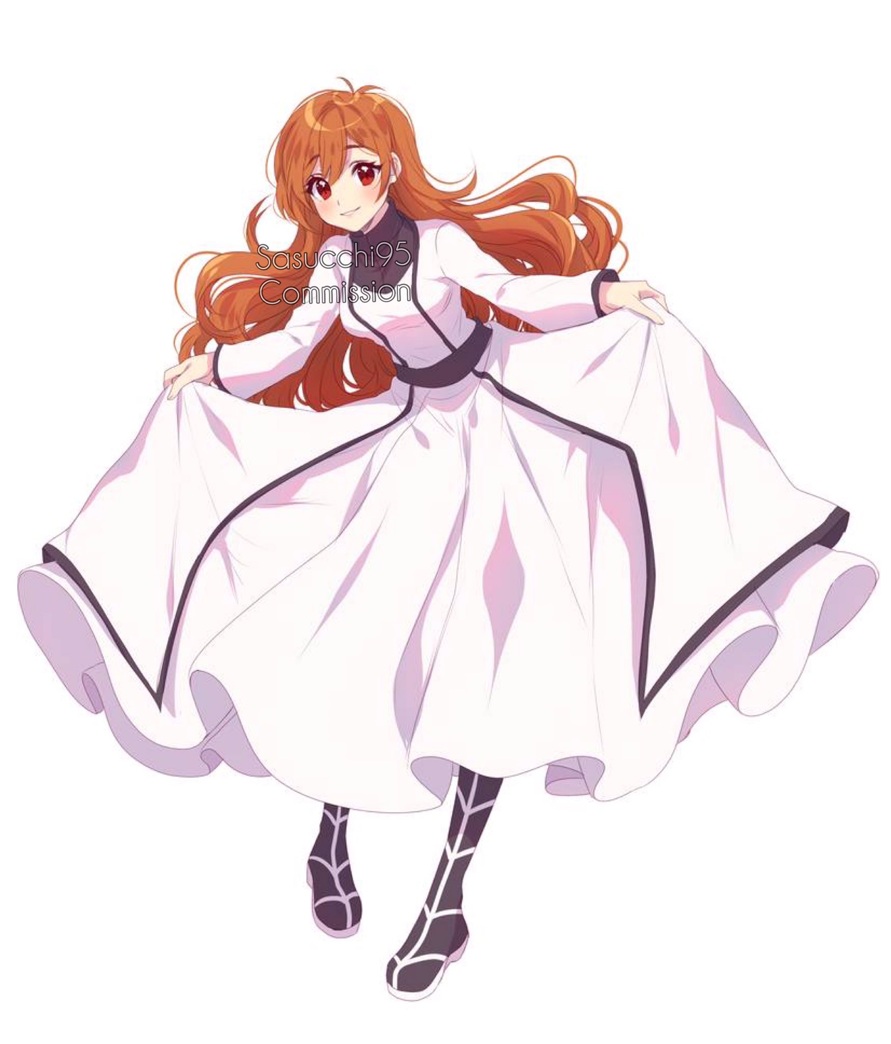 sasucchi95, original, commentary, commission, english commentary, highres, 1girl, :d, antenna hair, artist name, black boots, black shirt, blush, boots, breasts, colored shoe soles, double-parted bangs, dress, full body, grin, hair between eyes, leaning forward, long dress, long hair, long sleeves, looking at viewer, open mouth, orange hair, red eyes, shirt, simple background, skirt hold, small breasts, smile, solo, standing, turtleneck, turtleneck shirt, very long hair, watermark, wavy hair, white background, white dress