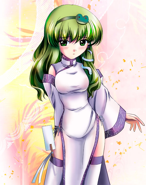 yamaguchi takashi, yamaguchi yuu, kochiya sanae, touhou, 1girl, arm behind back, china dress, chinese clothes, dress, female focus, green hair, hair tubes, single hair tube, solo, thighhighs, turtleneck, turtleneck dress