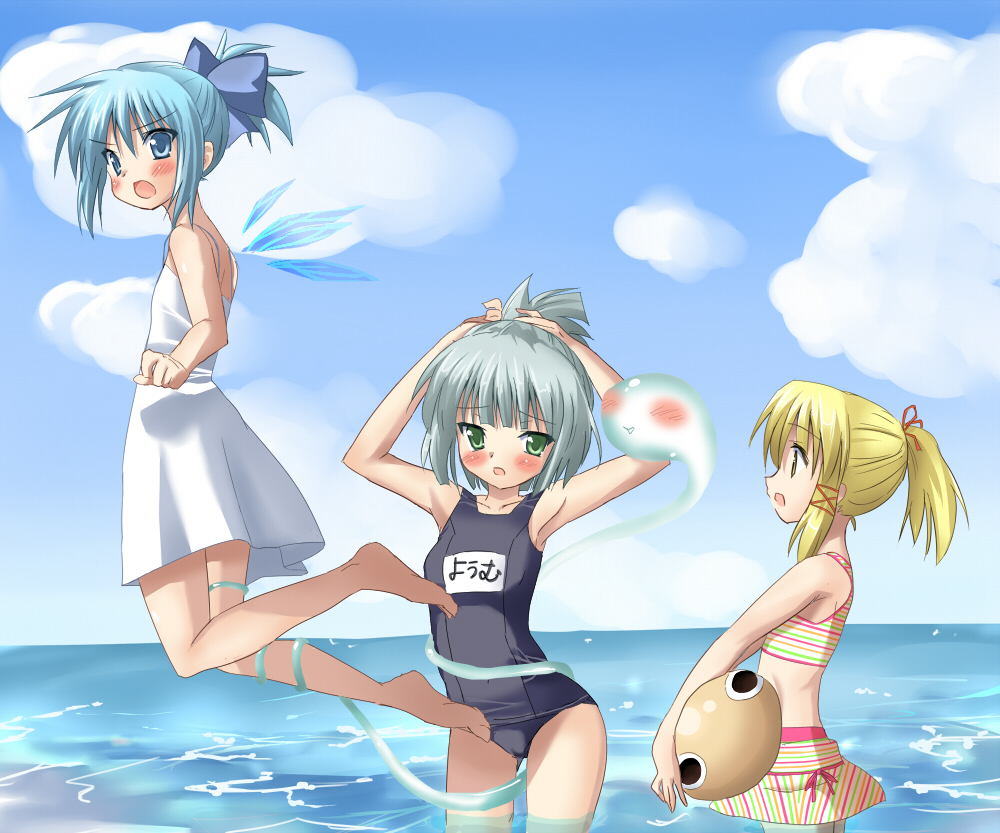 haku tere kasu, shiro tele cus, cirno, konpaku youmu, konpaku youmu (ghost), moriya suwako, touhou, silver hair, 3girls, alternate hairstyle, armpits, barefoot, blonde hair, blue eyes, blue hair, blush, bob cut, bow, cloud, collarbone, day, dress, female focus, flat chest, flying, ghost, green eyes, hair bow, hair ribbon, hair tie, multiple girls, ocean, one-piece swimsuit, open mouth, outdoors, ponytail, ribbon, school swimsuit, short hair, sky, standing, sundress, swimsuit, wading, water, wings