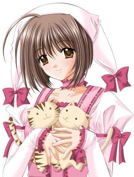 nishimata aoi, lovely idol, 1girl, bow, brown hair, cat, choker, female focus, hat, idol, pink bow, solo, stuffed animal, stuffed toy, yellow eyes