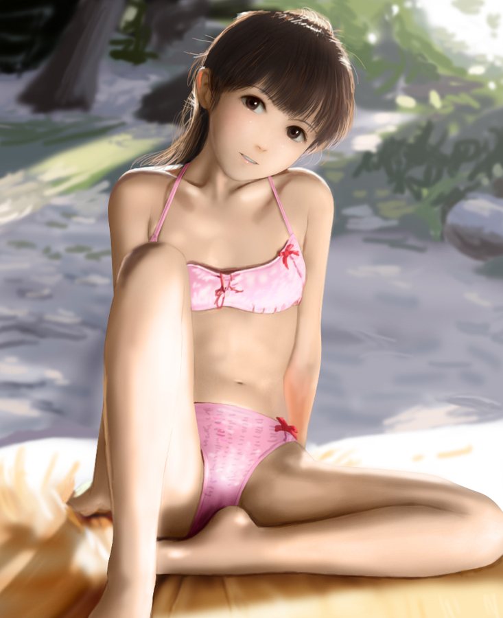 siraha, bad id, bad pixiv id, 1girl, bikini, bow, bow bra, bow panties, bra, brown hair, cameltoe, female focus, flat chest, loli, medium hair, panties, pink bikini, realistic, ribbon, solo, swimsuit, underwear